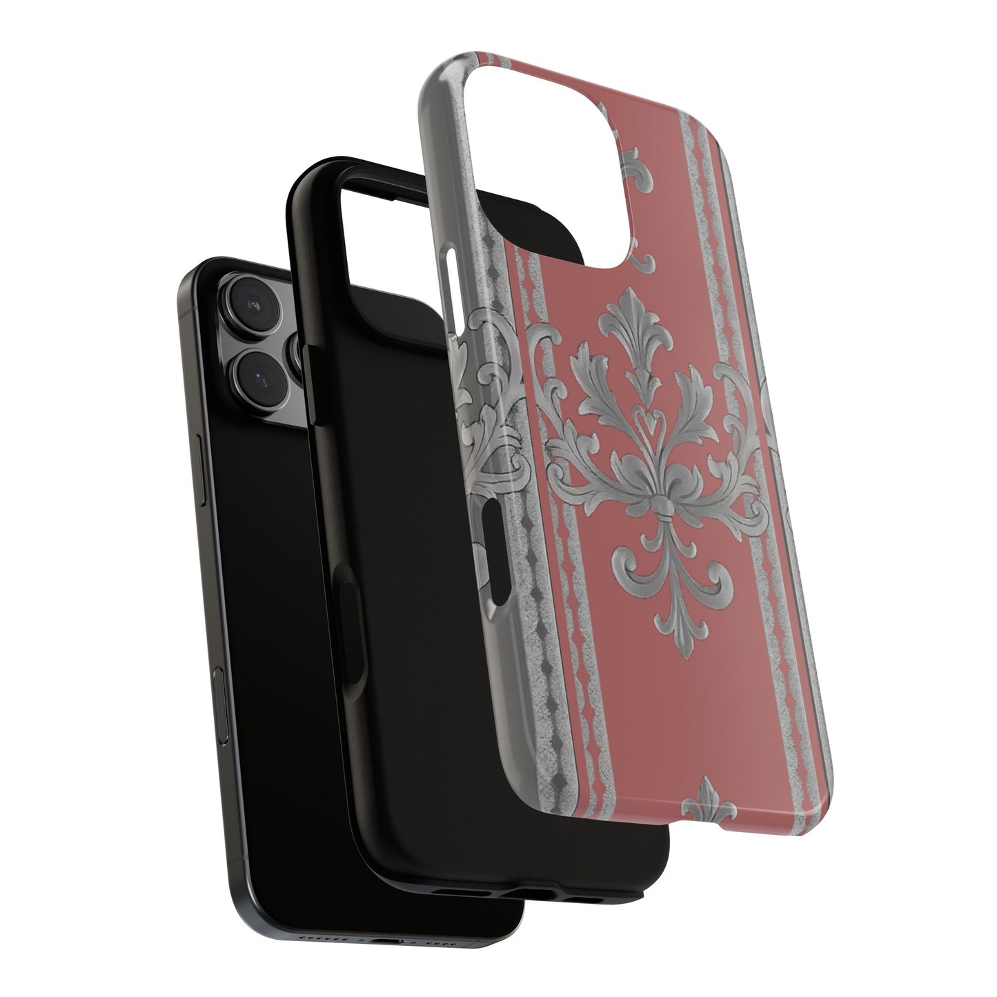 Elegant Floral Phone Case - Tough Cases for Stylish Protection - Gray & Mauve Striped Baroque