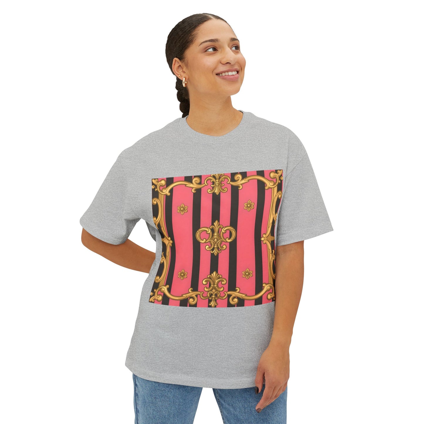 Chic Vintage-Inspired Oversized Tee, Stylish Graphic T-Shirt, Baroque Tee, Casual Summer Shirt - Pink & Black Striped Gold Baroque