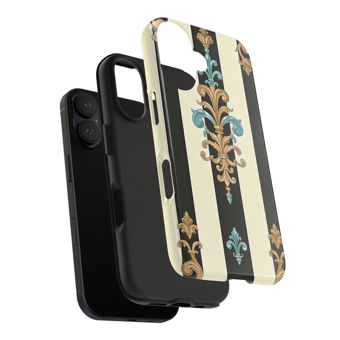 Elegant Vintage Tough Phone Cases, Stylish Phone Accessories, Quality Protection, Gifts for Her - Black Striped Turquoise & Black Rococo