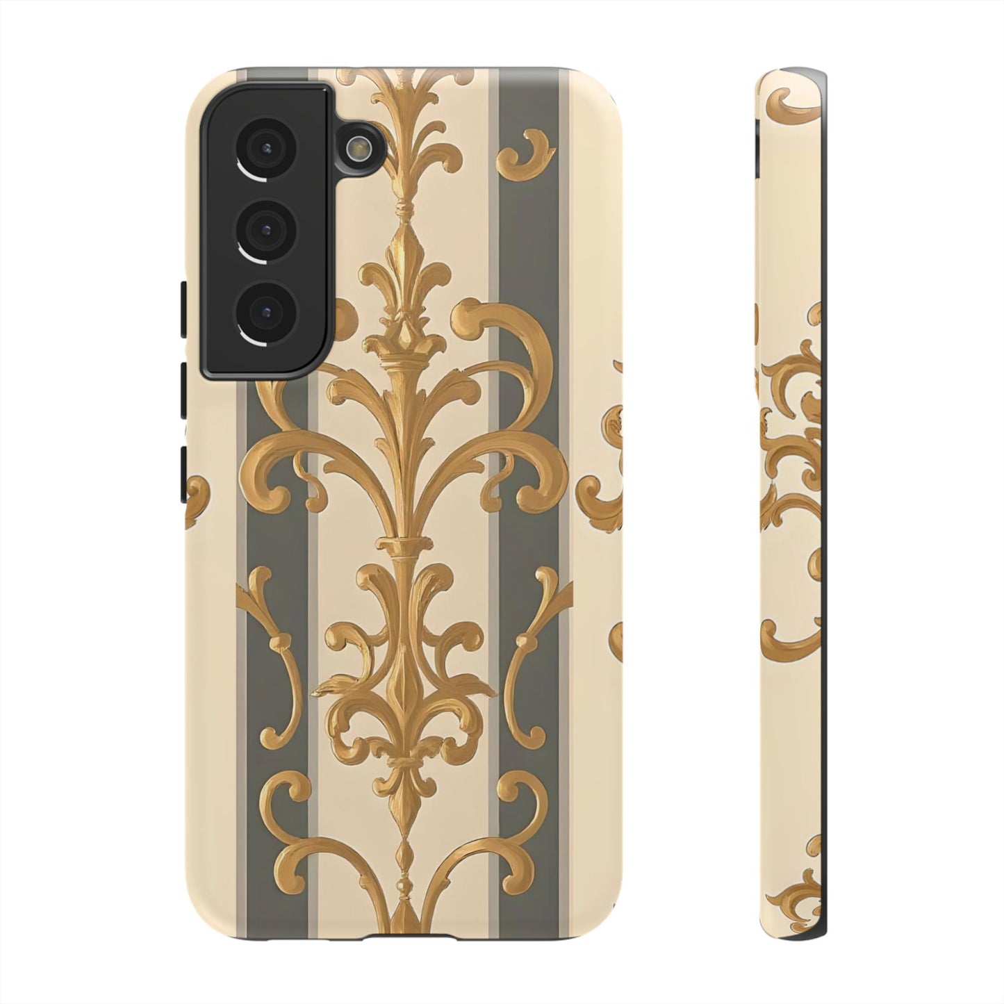 Elegant Floral Motif Phone Case - Tough Cases with Vintage Design - Dusk Olive Striped Gold Damask