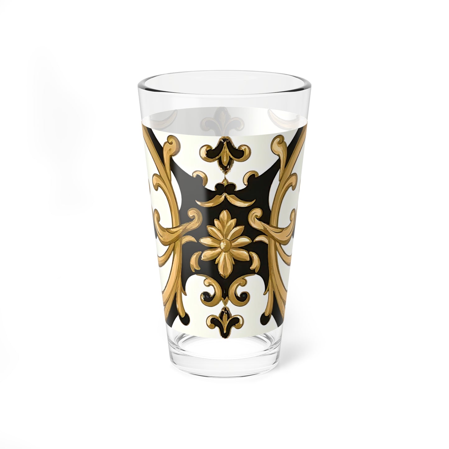 Elegant Ornate Mixing Glass, 16oz - Decorative Barware, Cocktail Glass, Engraved Drinkware - Black & Gold Rococo
