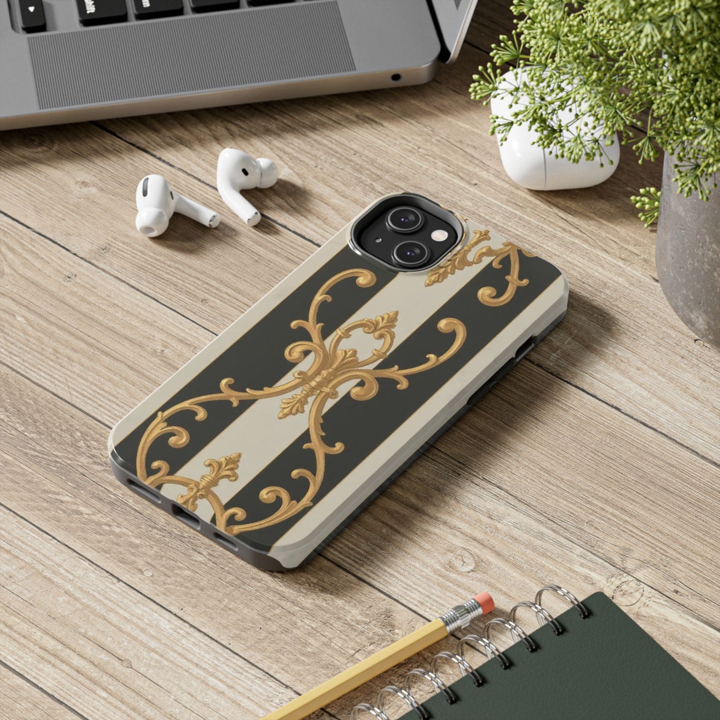 Elegant Black & Alabaster Striped Baroque Tough Phone Cases - Chic Protection, Black Gold Decor, Stylish Accessory, Gift for Her, Trendy Tech