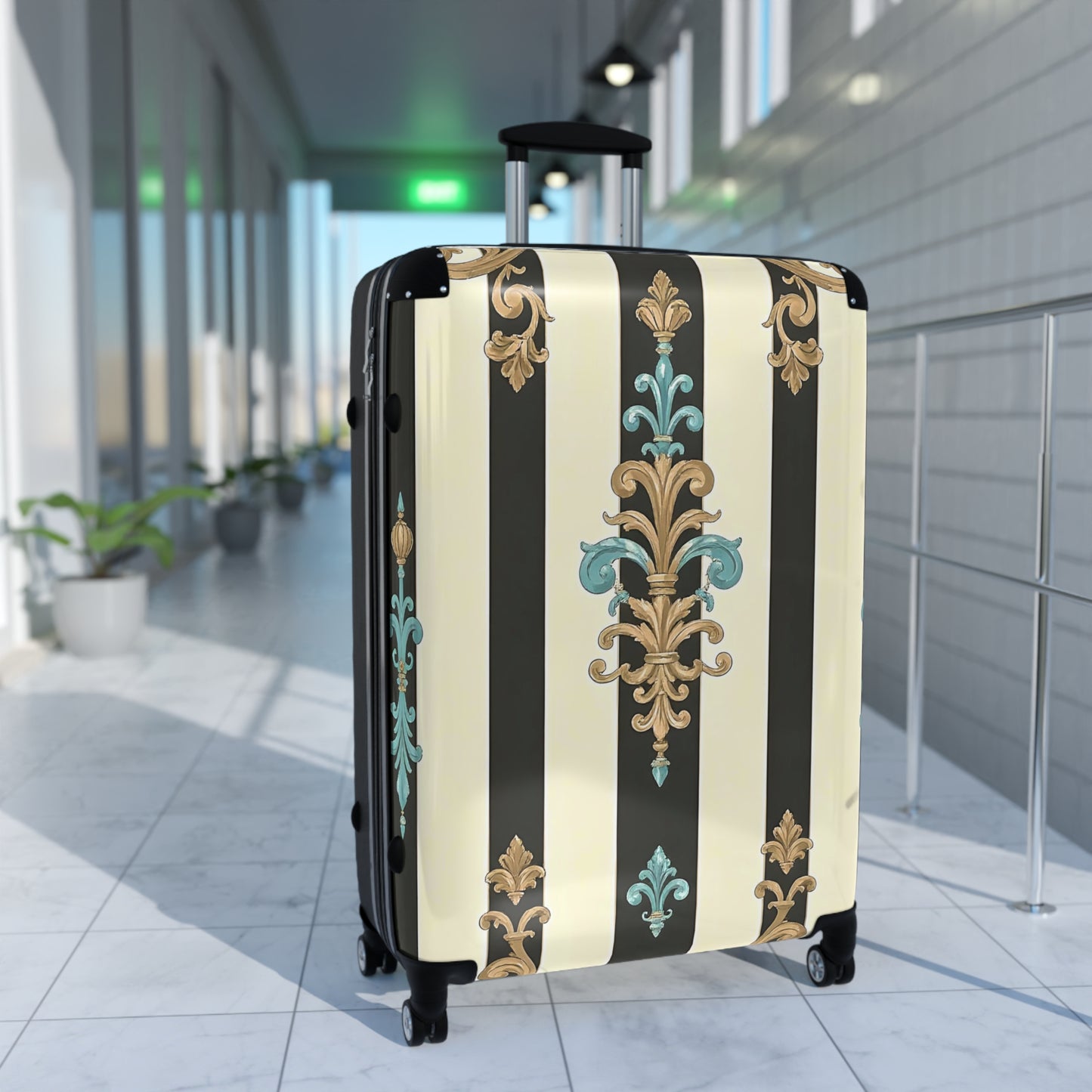 Chic Travel Suitcase | Vintage Floral Design, Luggage Bag, Stylish Carry-On, Travel Gear, Vacation Essentials - Black Striped Turquoise & Black Rococo