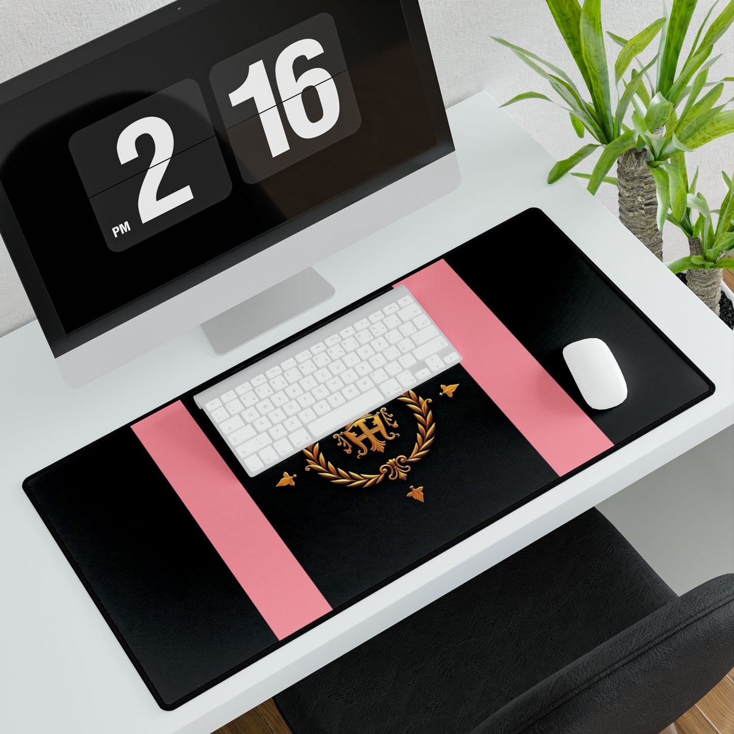 Elegant Desk Mats for Home Office, Stylish Workstation Accessories, Decorative Mouse Pads, Personalized Desk Protectors - Pink Striped Gold Crest