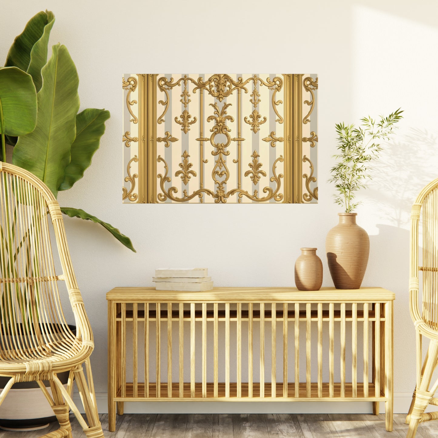 Elegant Ornate Foam Board Art - Luxury Wall Décor, Home Decoration, Versatile Display Board - Matte Gray & Cream Striped Gold Baroque