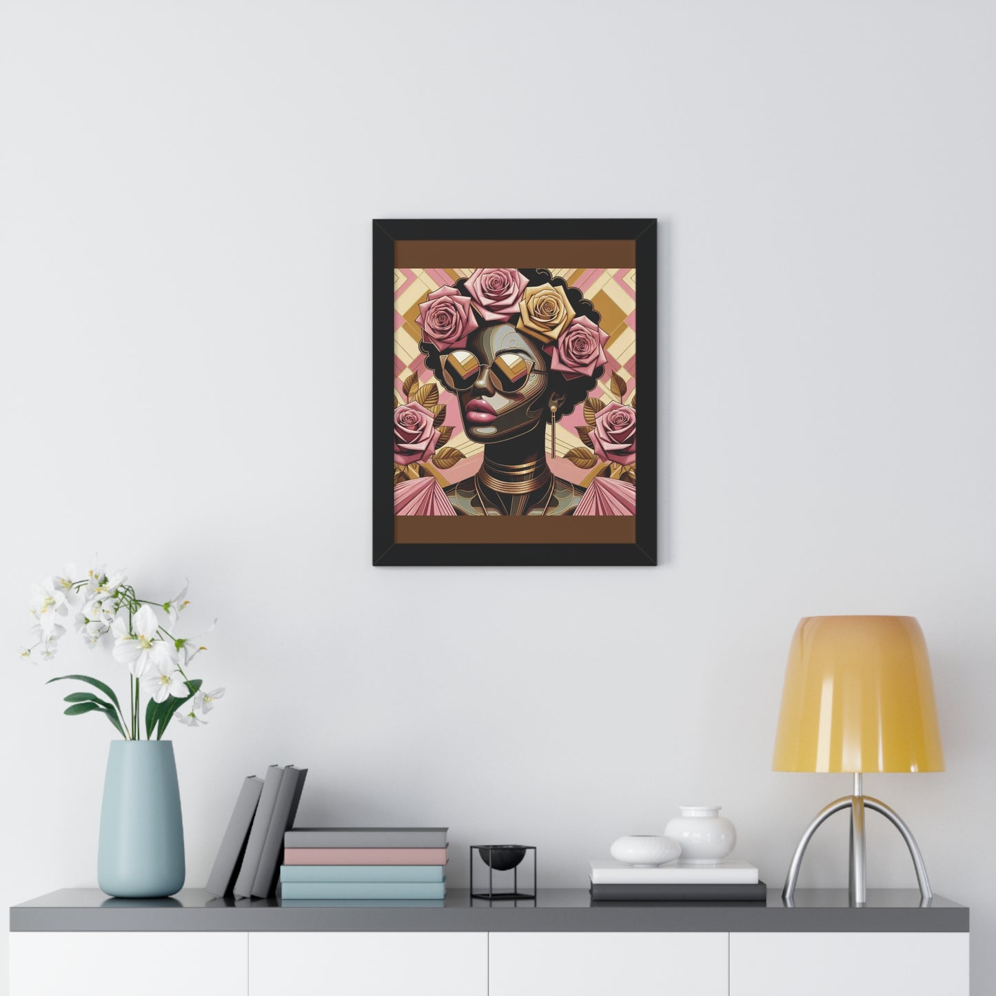 Elegant Framed Vertical Poster of Floral Woman, Home Decor, Wall Art, Gift for Her, Feminine Art Print - Pink Roses Lady