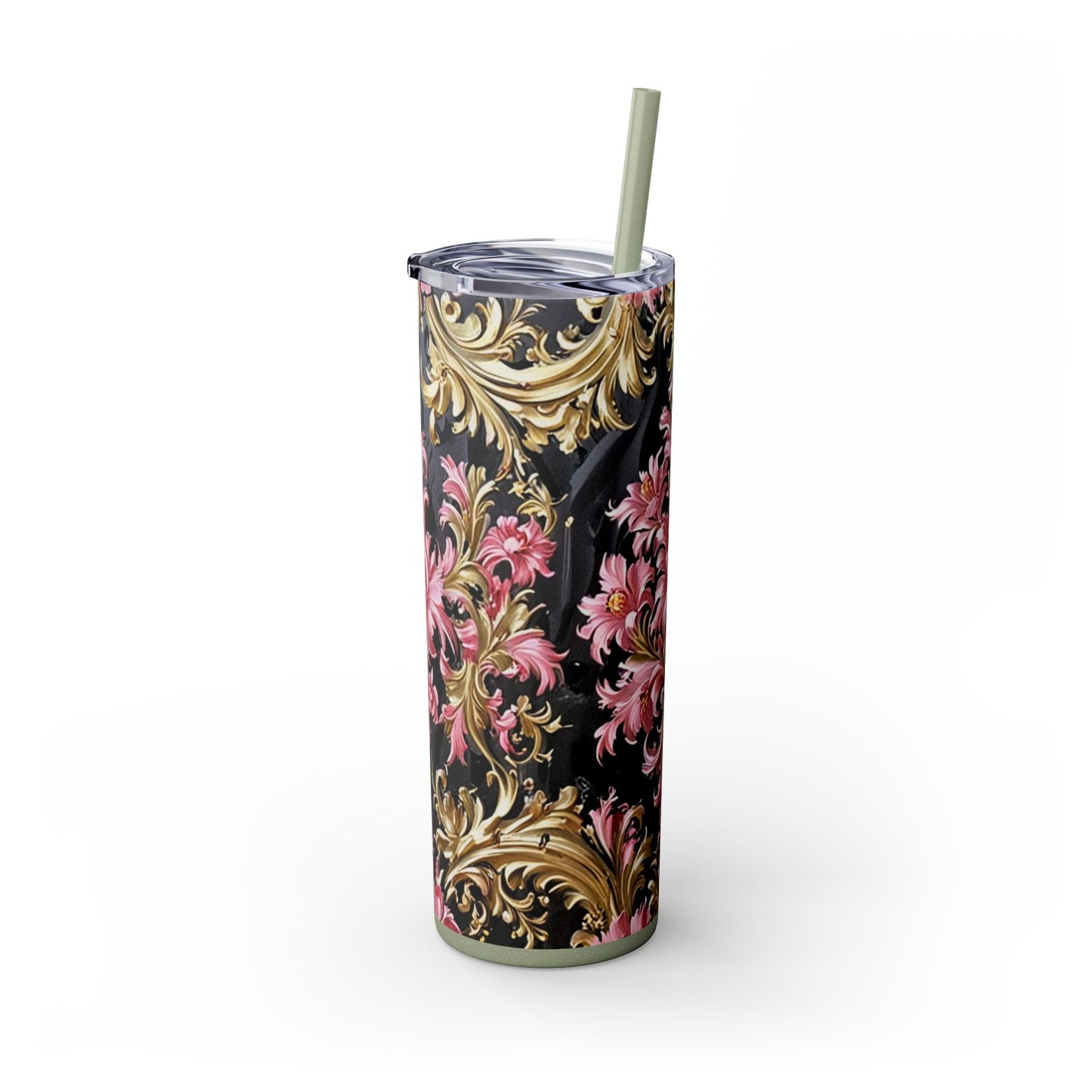 Chic Floral Skinny Tumbler with Straw, 20oz - Elegant Drinkware for Tea Lovers, Travel Mugs, Gifts for Her - Black & Pink Oil Painting Style Rococo