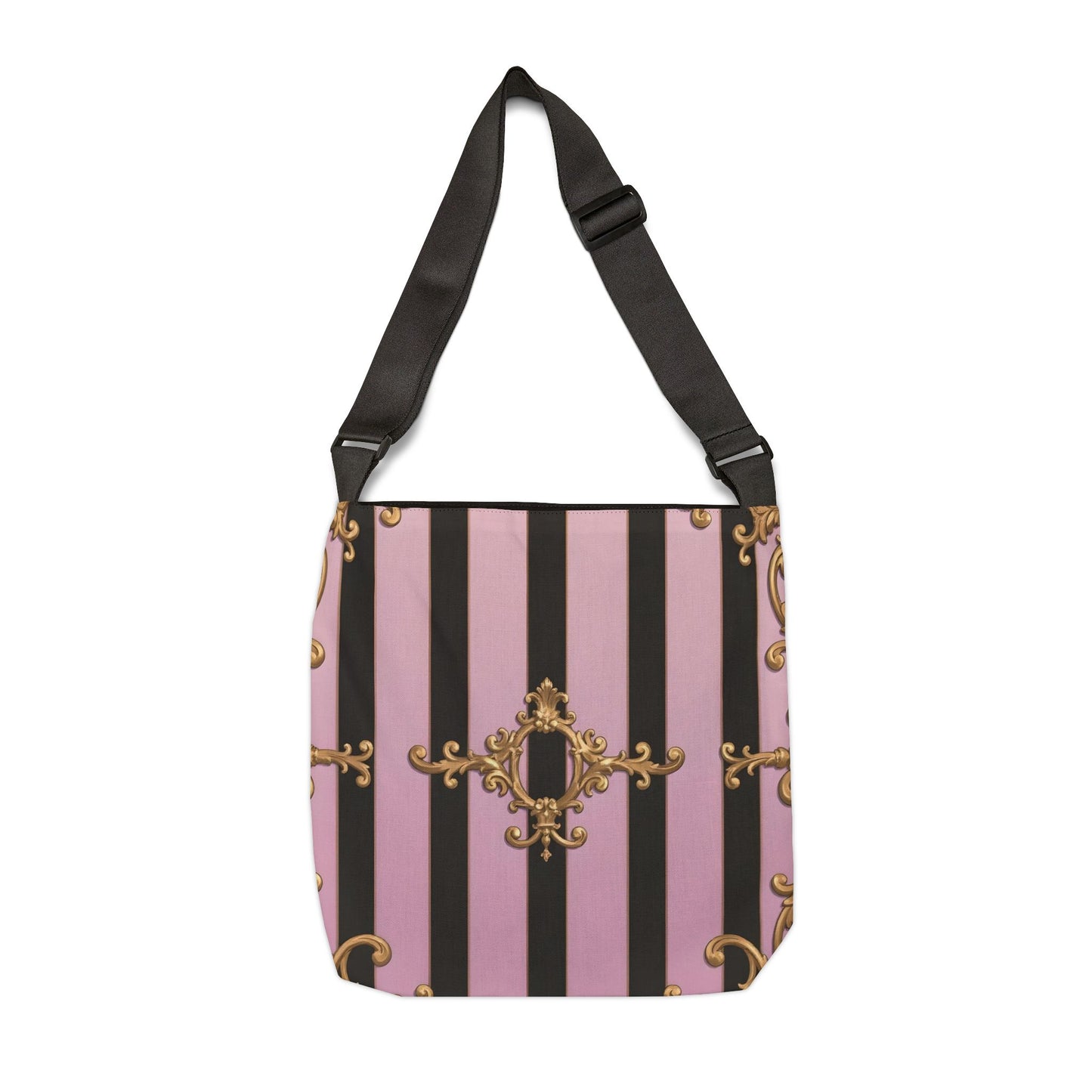Chic Adjustable Tote Bag, Stylish Crossbody Bag for Daily Use, Elegant Pink Striped Bag - Matte Lavender & Black Striped Gold Baroque