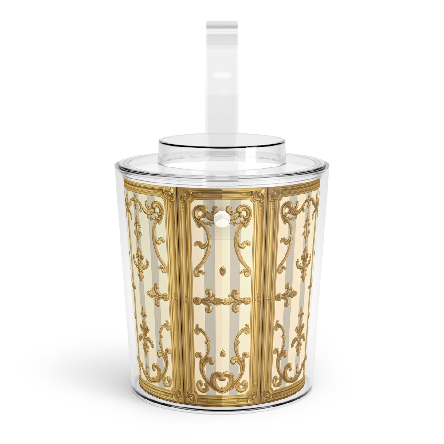 Elegant Gold-Patterned Ice Bucket with Tongs, Sophisticated Drink Chiller, Party Essential, Home Bar Decor - Matte Gray & Cream Striped Gold Baroque
