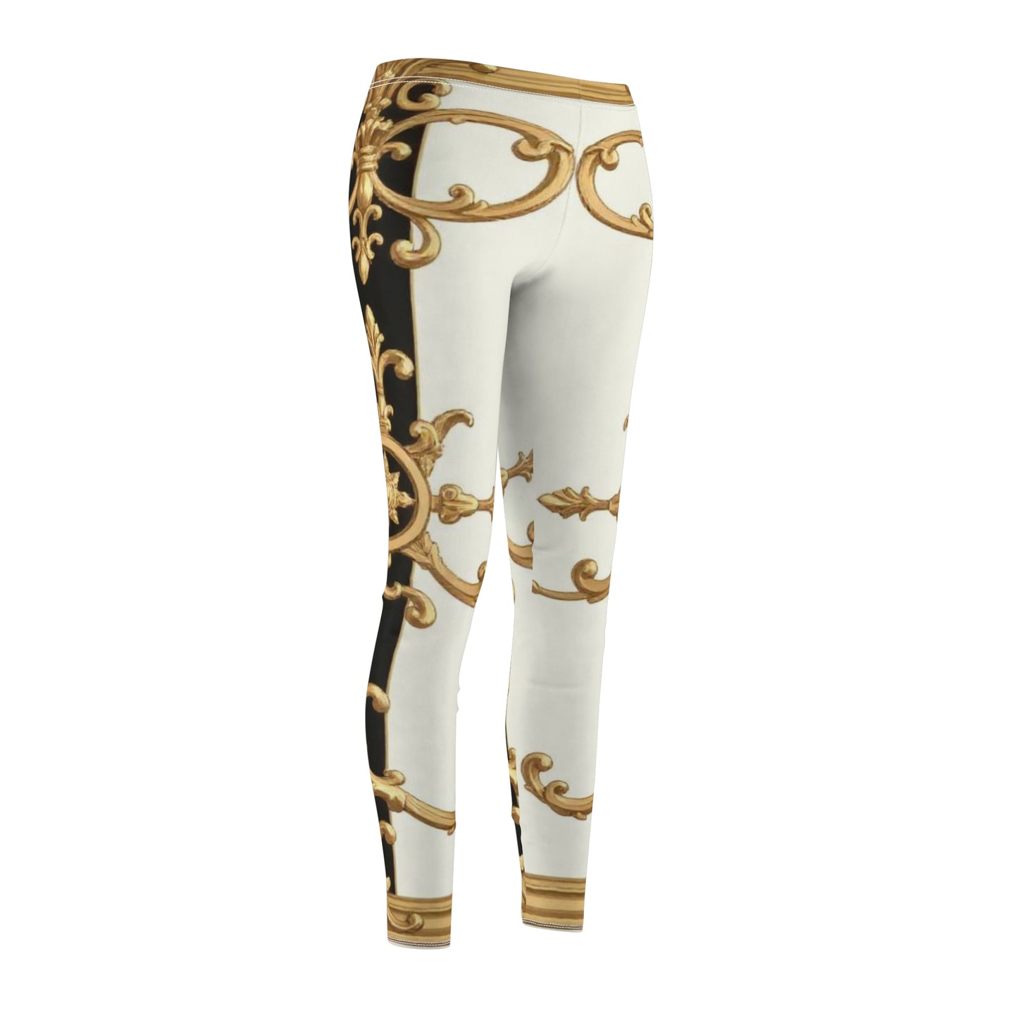 Elegant Women's AOP Leggings - Luxurious Comfort for Casual Style, Fashion Leggings, Trendy Fitness Wear - Black & White Striped Gold Baroque