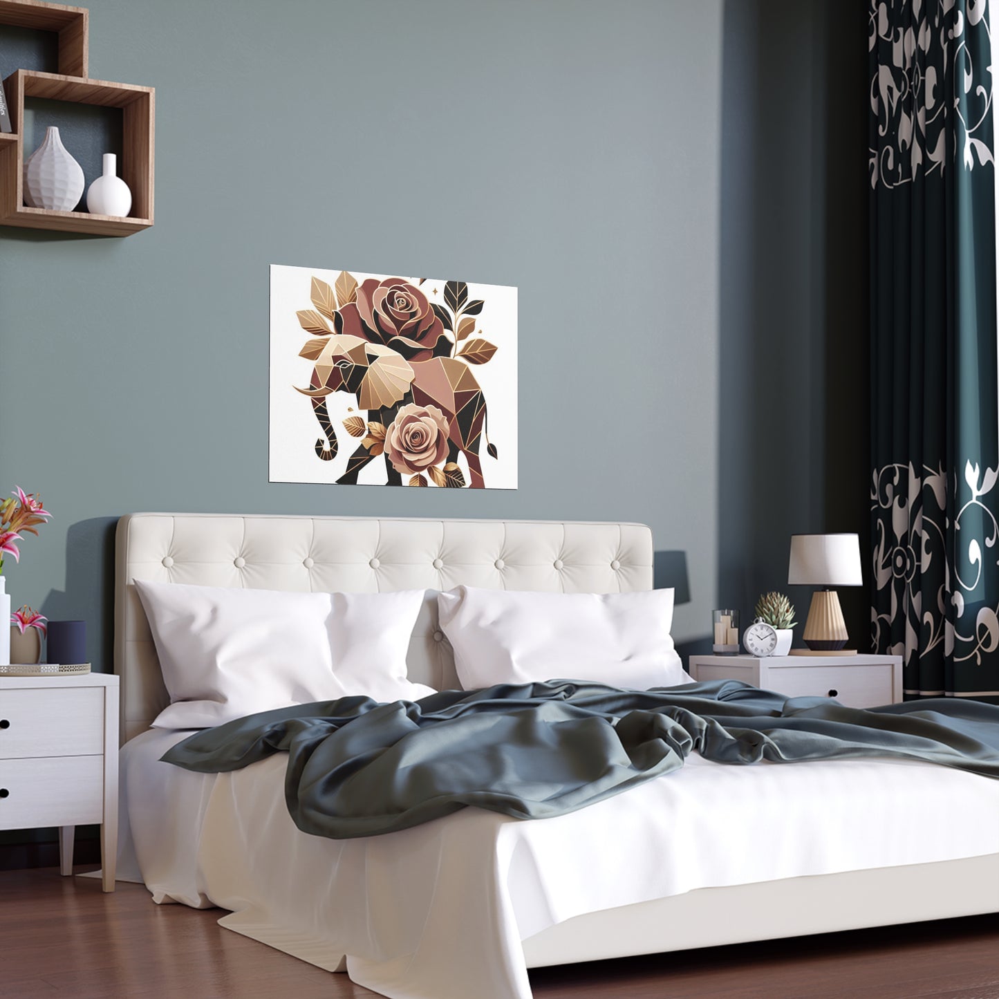 Elegant Floral Silk Poster - Indoor/Outdoor Wall Art for Home Decor - Brown & Gold Elephant & Roses