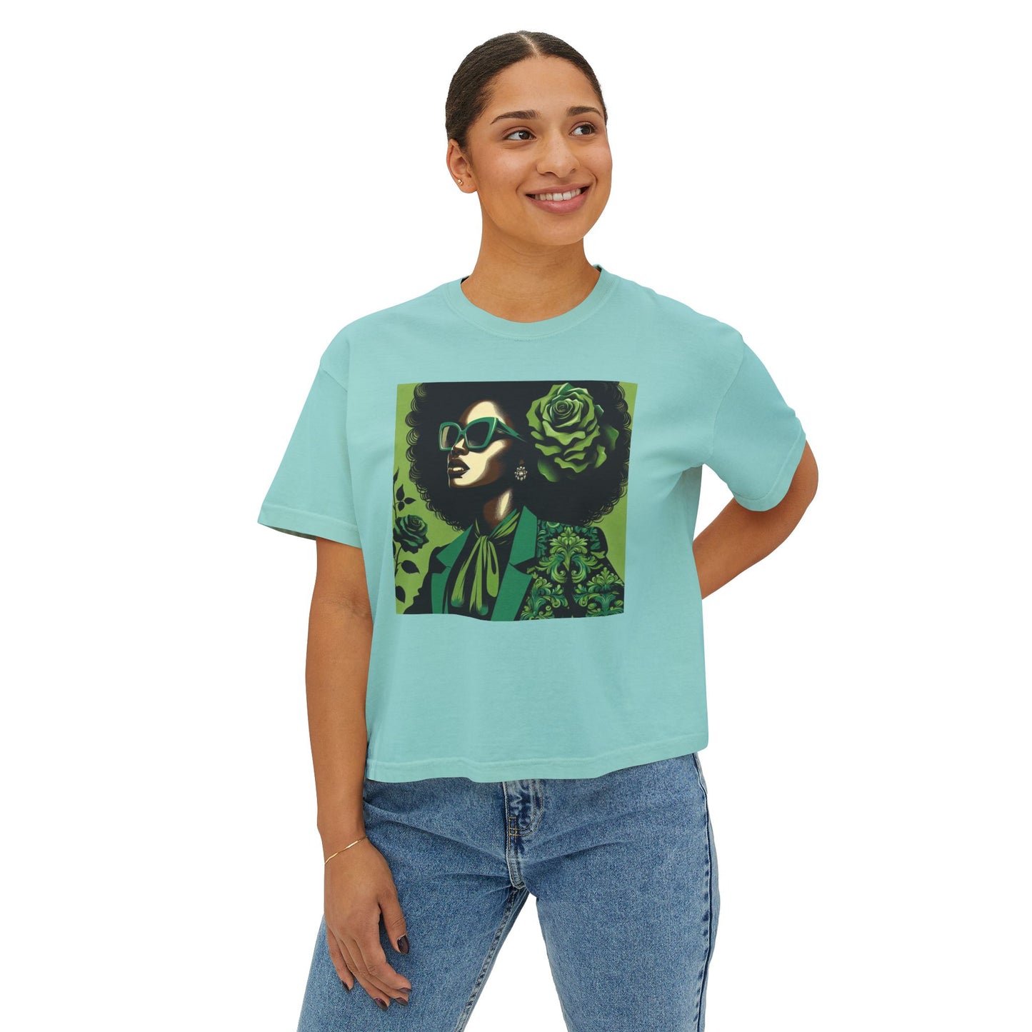Chic Women's Boxy Tee - Vintage Afro Art, Trendy Casual Look, Gift for Her, Summer Style, Eco-Friendly Fashion - Lady in Green Damask