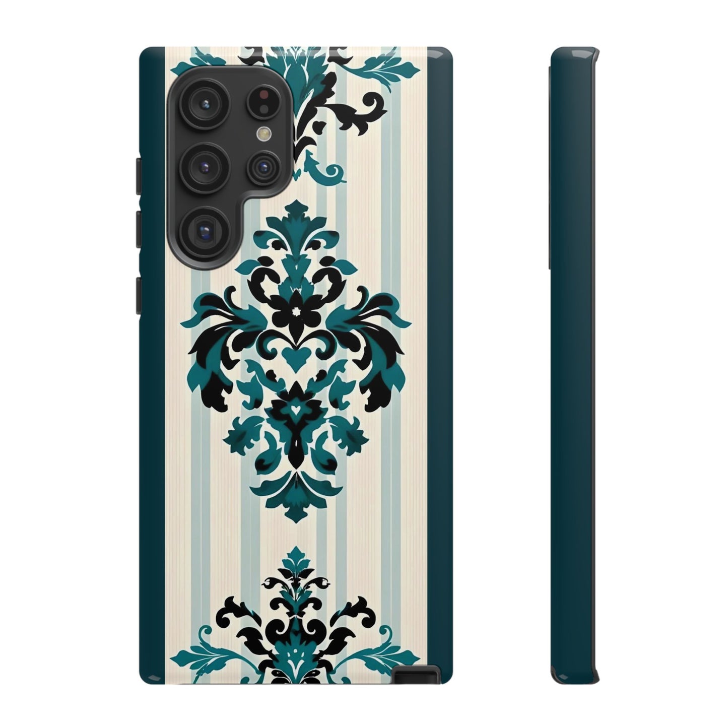 Elegant Floral Phone Case - Tough Cases with Vintage Design - Teal Striped Damask