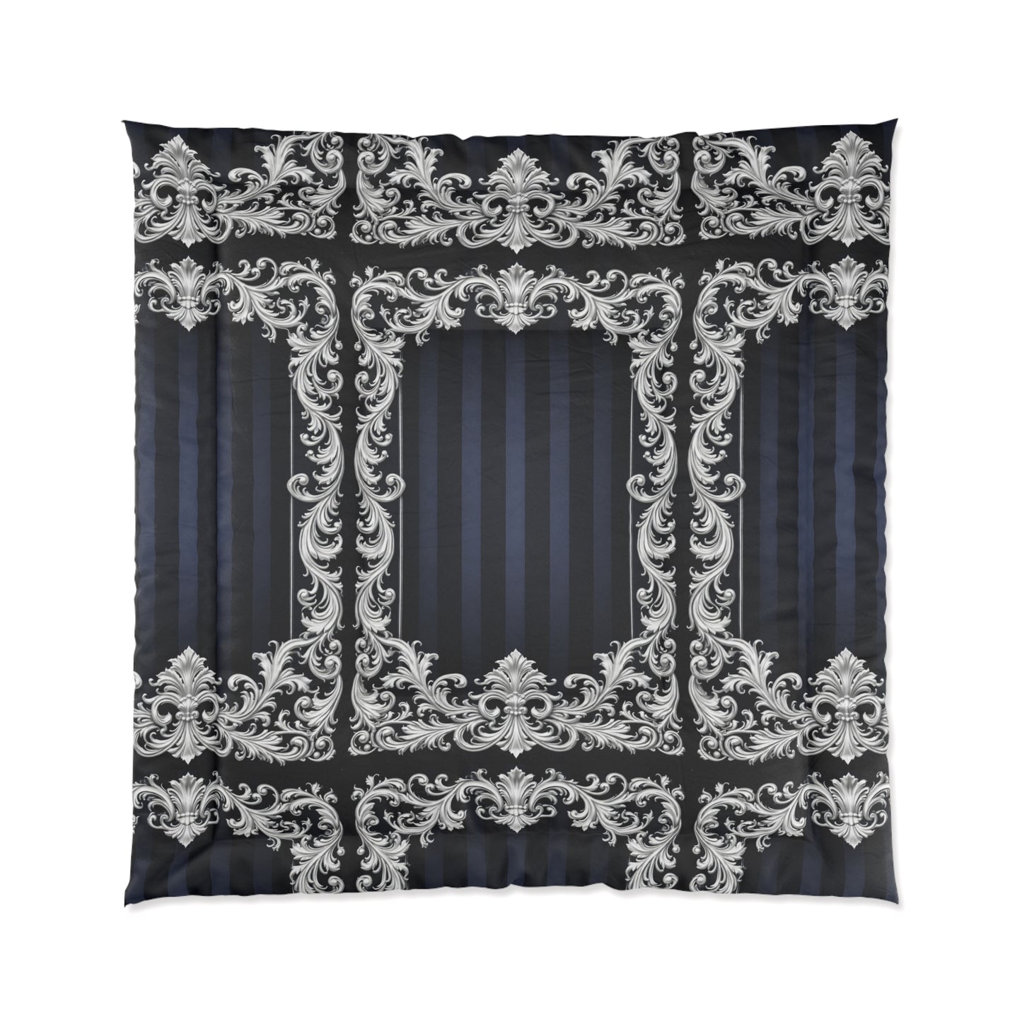 Navy Stripes & Baroque Comforter — Navy & Silver Baroque Bedroom Bedding