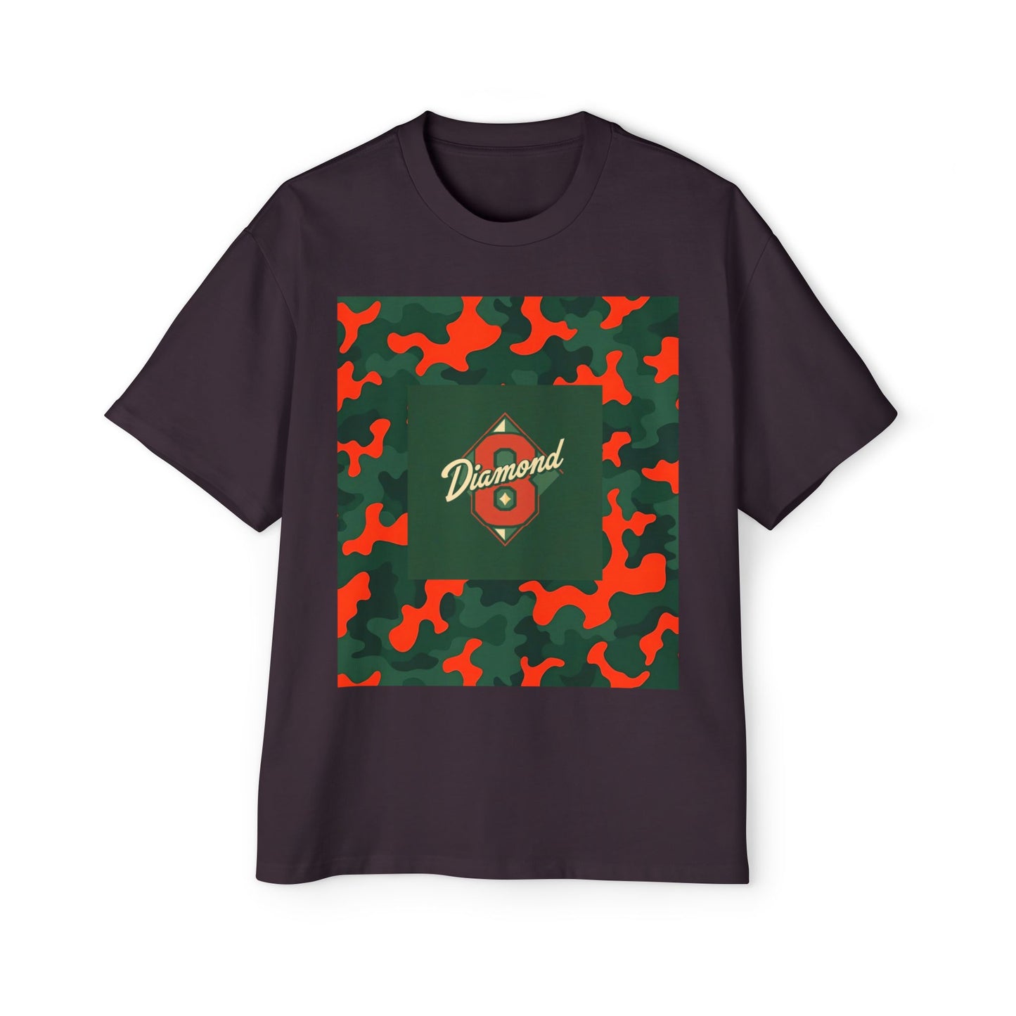 Men's Heavy Oversized Camouflage Tee, Casual Streetwear Shirt, Graphic T-Shirt, Comfortable Everyday Wear, Gift for Him - Green & Orange Camo Diamond 8