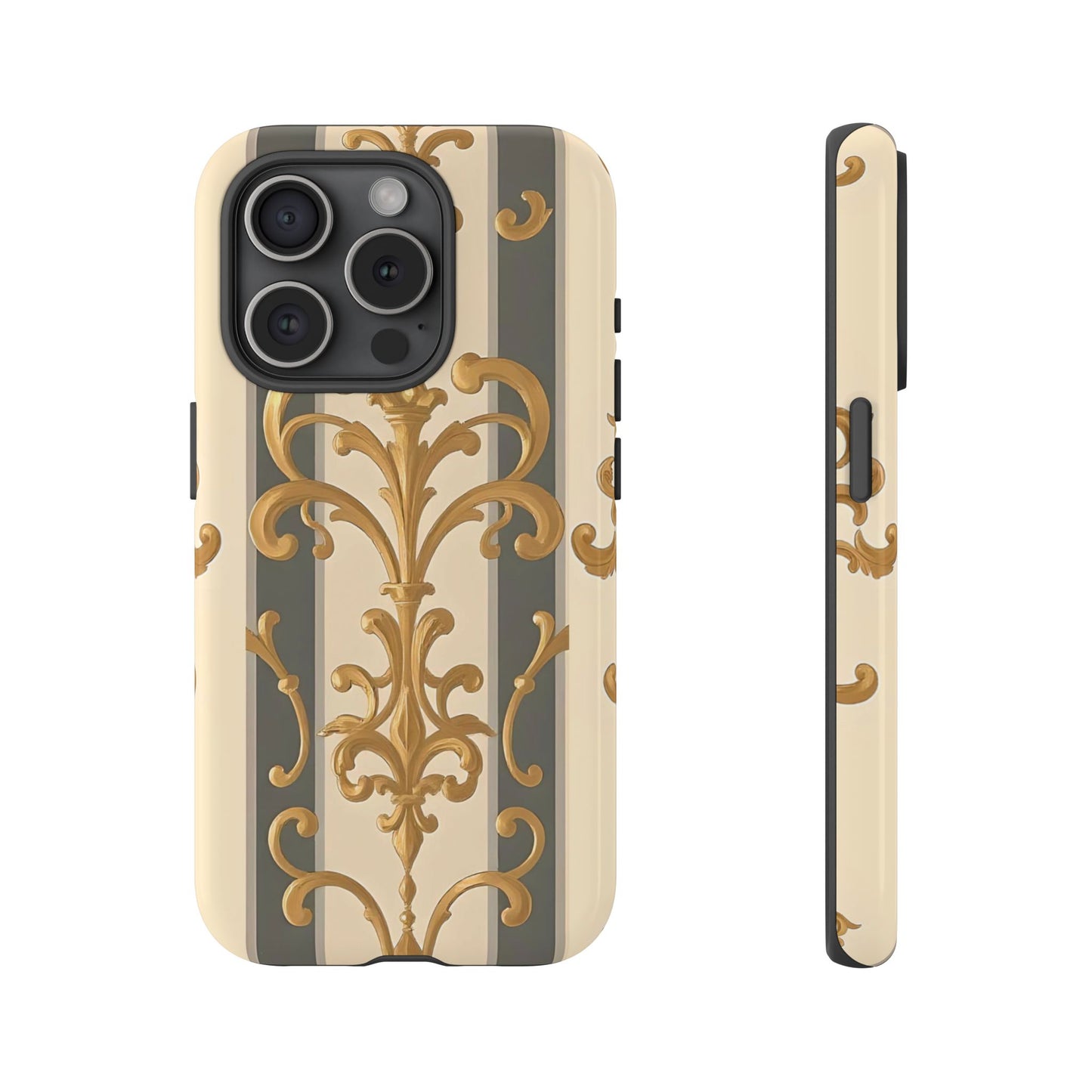 Elegant Floral Motif Phone Case - Tough Cases with Vintage Design - Dusk Olive Striped Gold Damask
