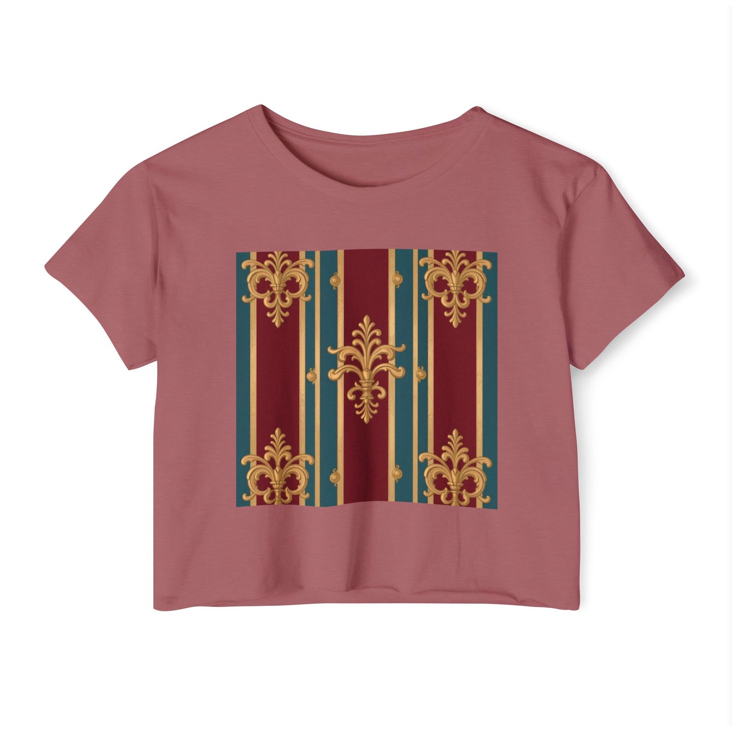 Baroque Chic Festival Crop Top | Women’s Floral Summer Tee, Outdoor Concert Wear, Vacation Top - Burgundy Striped Gold Baroque