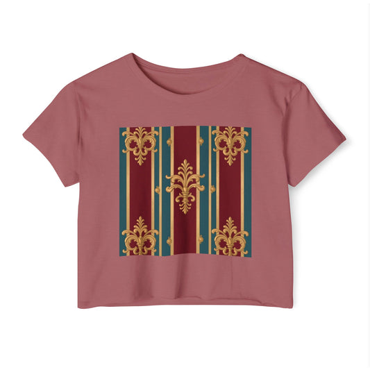 Baroque Chic Festival Crop Top | Women’s Floral Summer Tee, Outdoor Concert Wear, Vacation Top - Burgundy Striped Gold Baroque