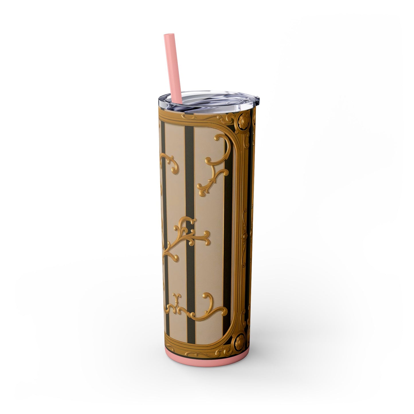 Skinny Tumbler with Straw, 20oz - Beige Striped Gold Rococo