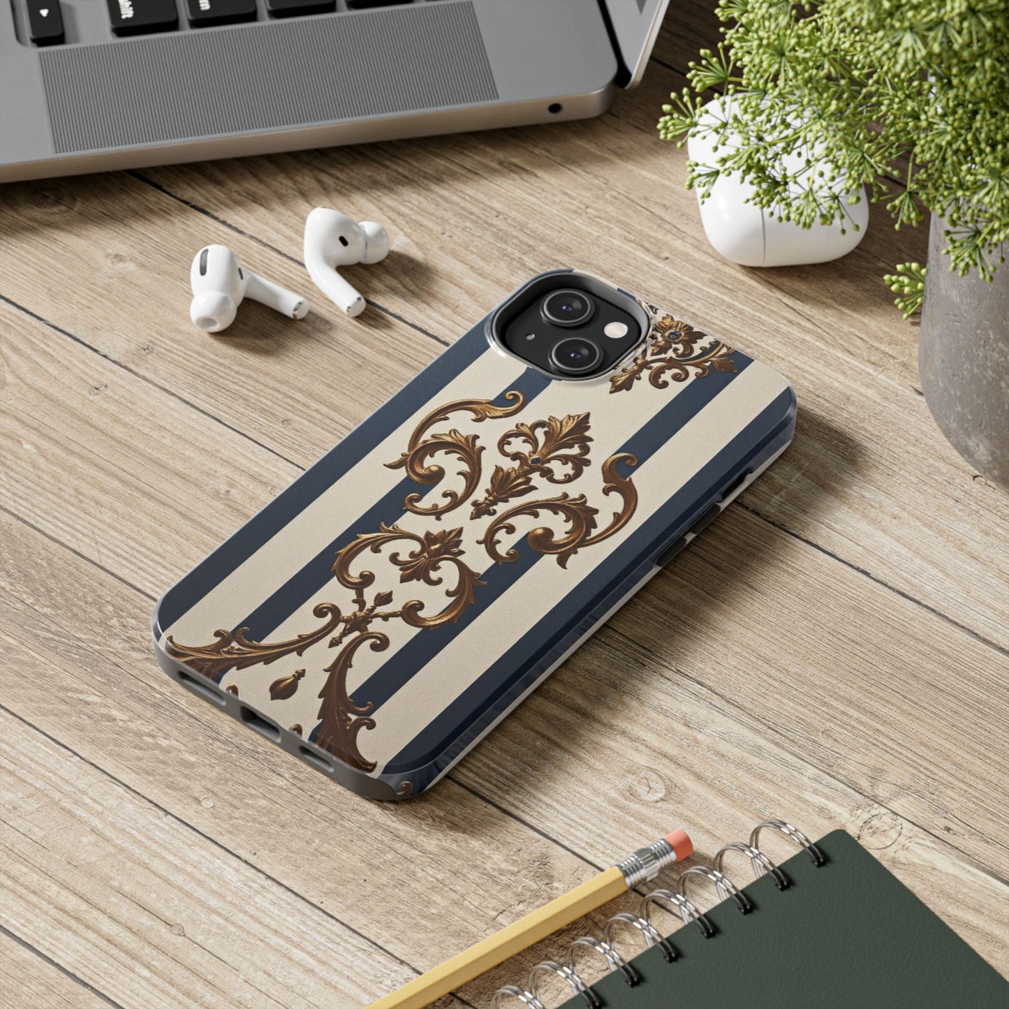 Damask Tough Phone Case - Alabaster & Blue Striped Damask