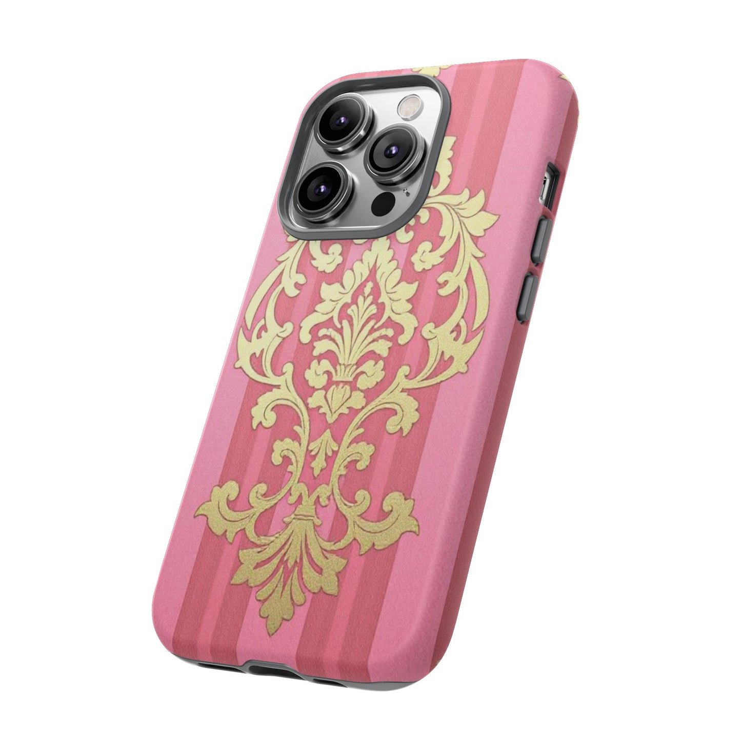 Elegant Floral Motif Phone Case - Tough Cases with Vintage Design - Pink Striped Damask