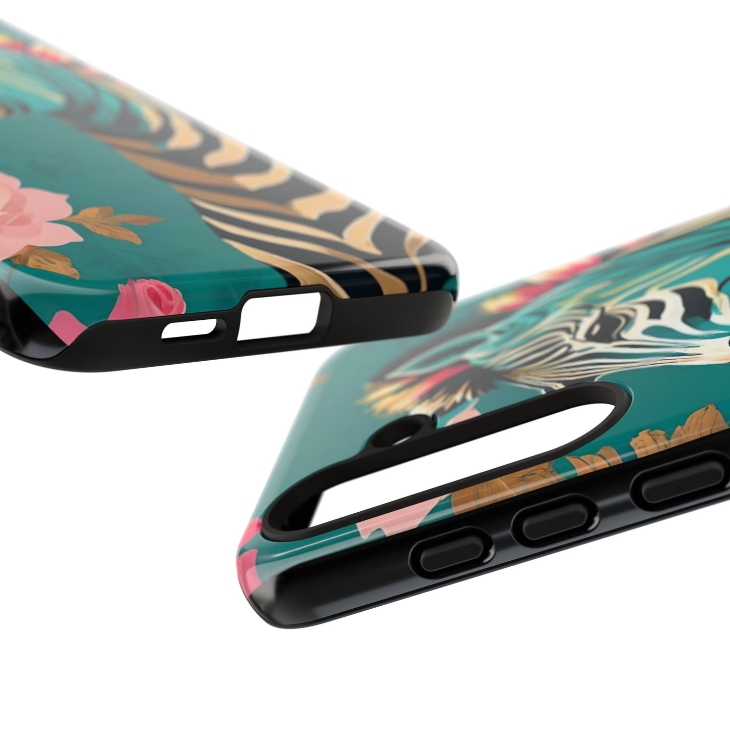 Phone Case - Elegant Teal & Gold Zebra & Roses Design