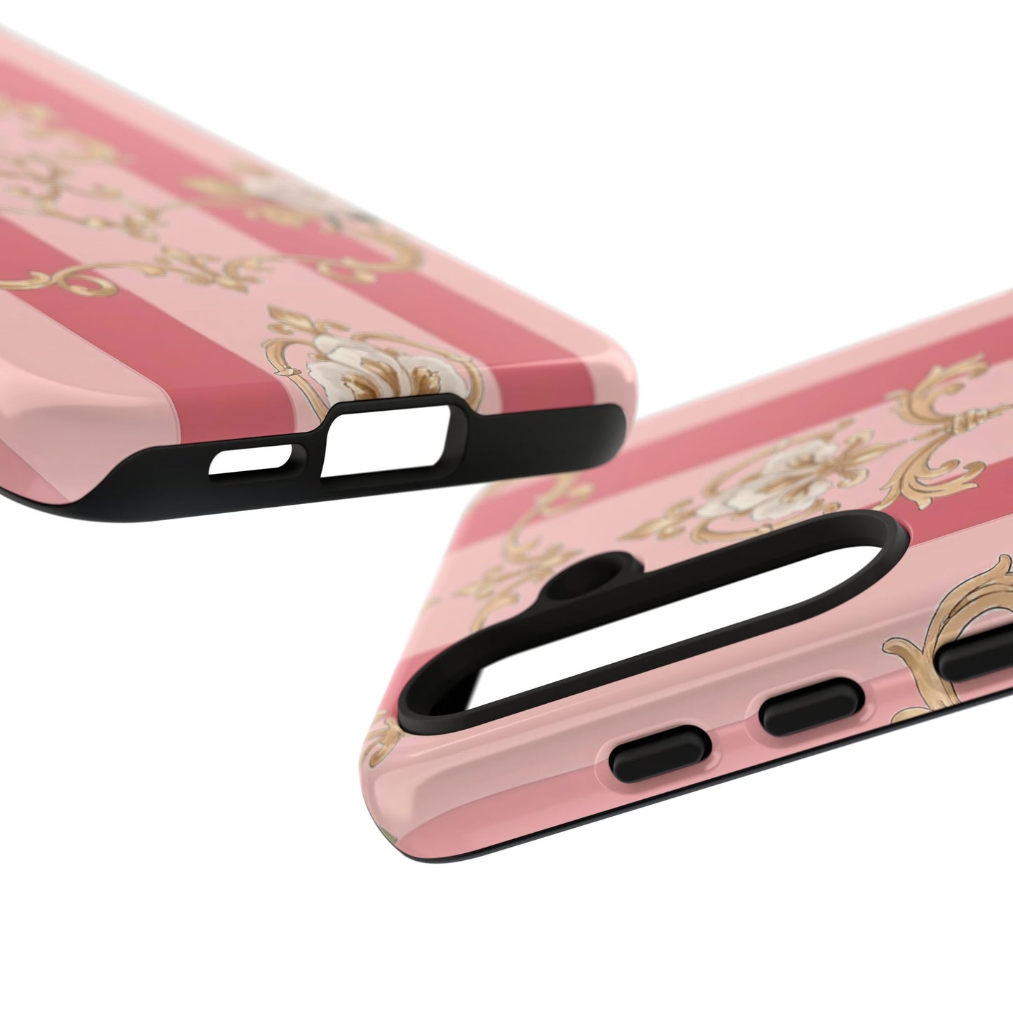 Elegant Floral Motif Phone Case - Tough Cases with Vintage Design - Pink Striped Roses & Damask
