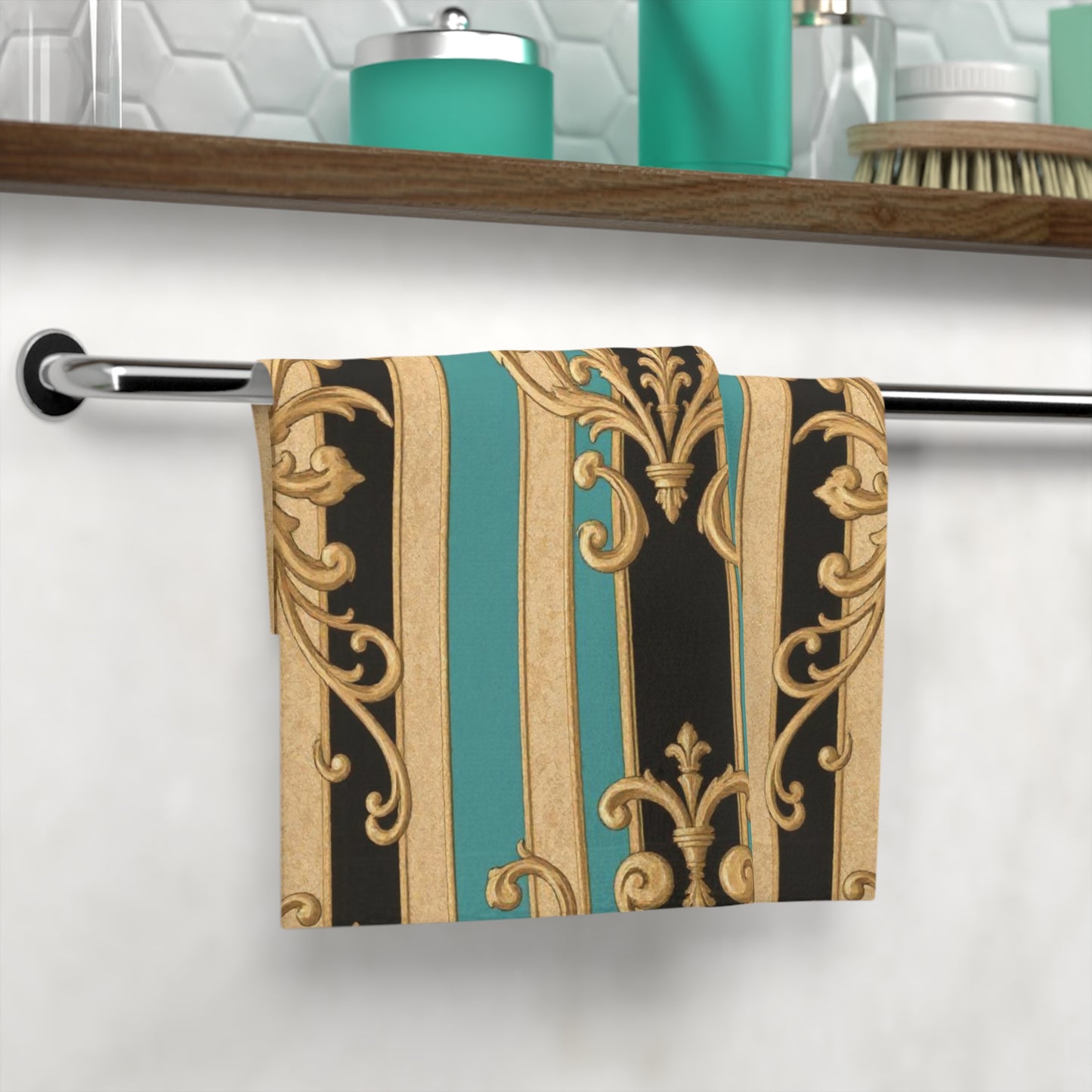 Elegant Black, Tan & Ocean Green Striped Gold Baroque Face Towel, Luxury Spa Decor, Gift for Her,  Wedding or Birthday Present