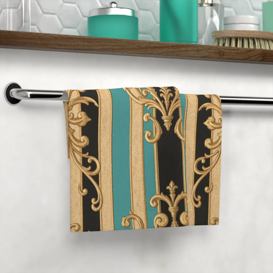 Elegant Black, Tan & Ocean Green Striped Gold Baroque Face Towel, Luxury Spa Decor, Gift for Her,  Wedding or Birthday Present
