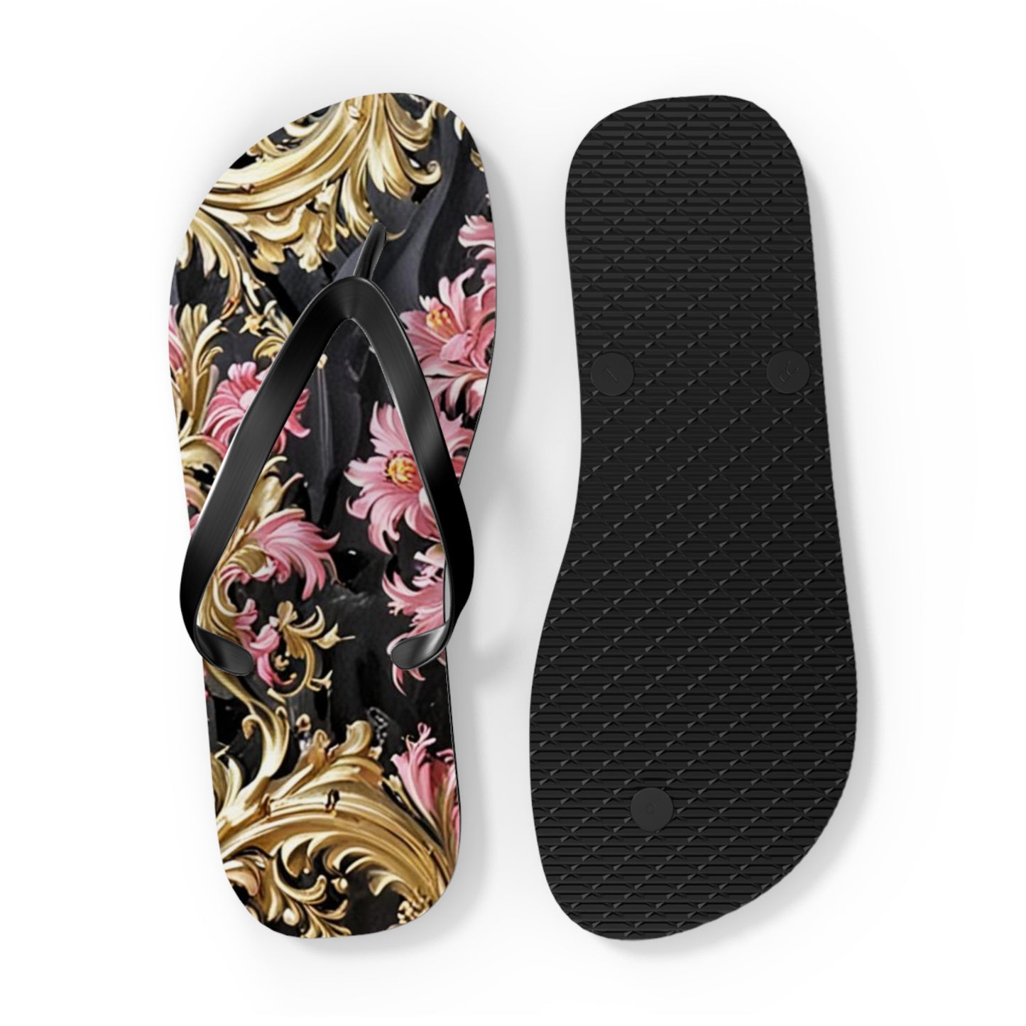Elegant Floral Flip Flops - Summer Footwear, Beach Sandals, Vacation Accessories, Travel Essentials - Black & Pink Oil Painting Style Rococo