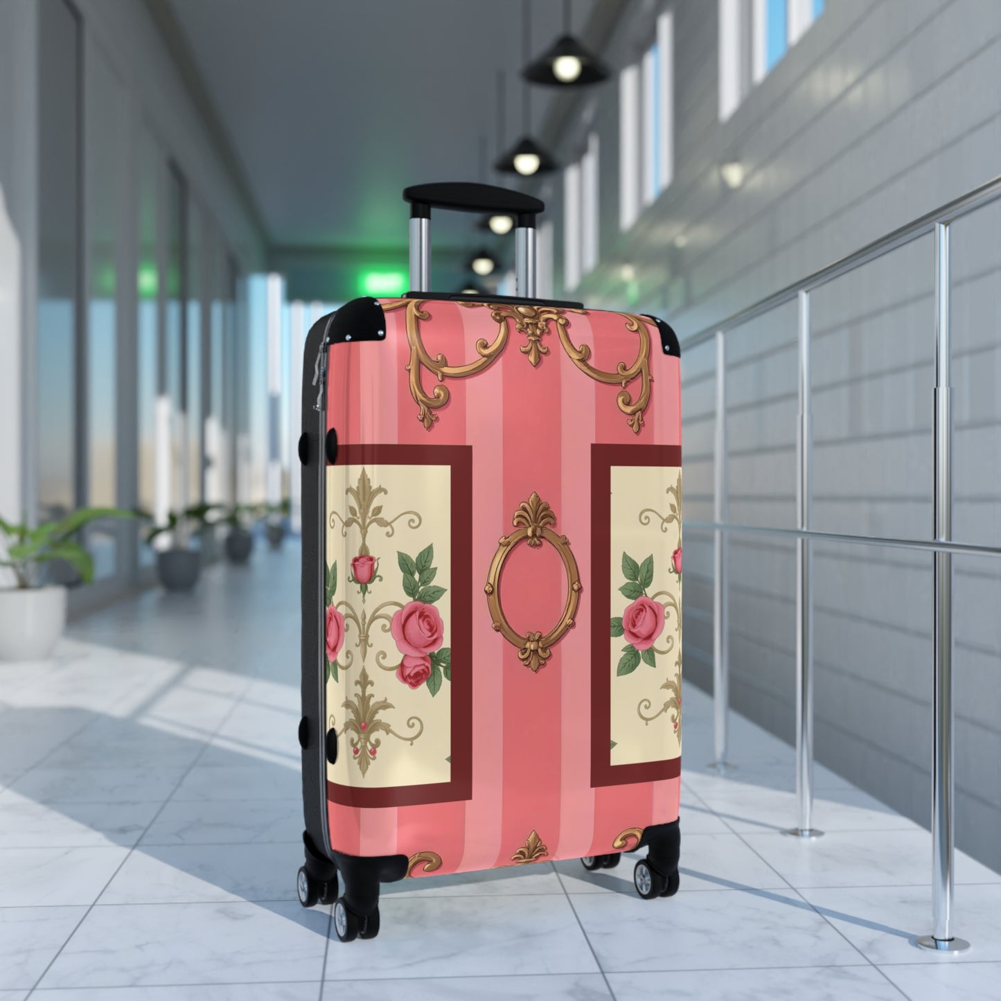 Vintage Floral Design Suitcase | Stylish Travel Luggage for Fashion Lovers - Pink Striped Baroque & Roses