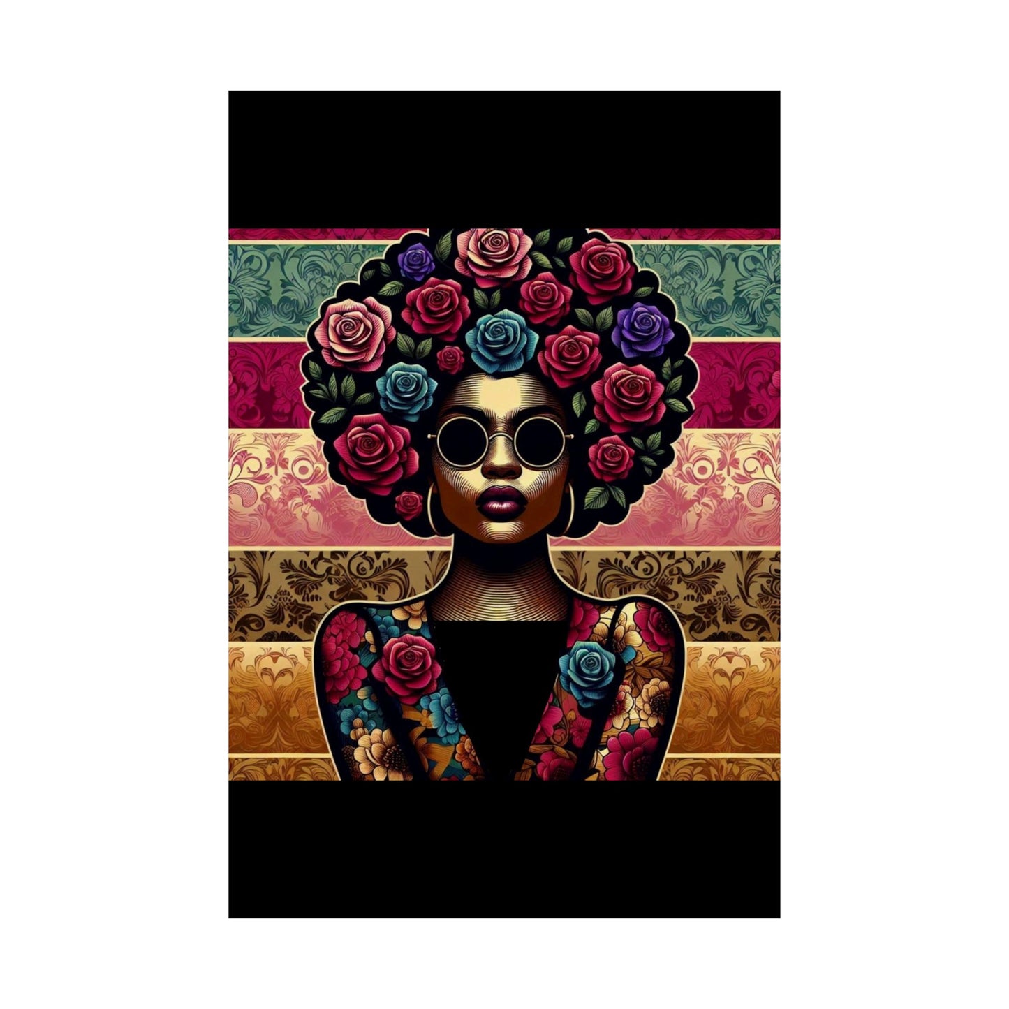 Floral Afro Art Poster - Elegant Matte Vertical Wall Decor - Lady With Damask & Roses