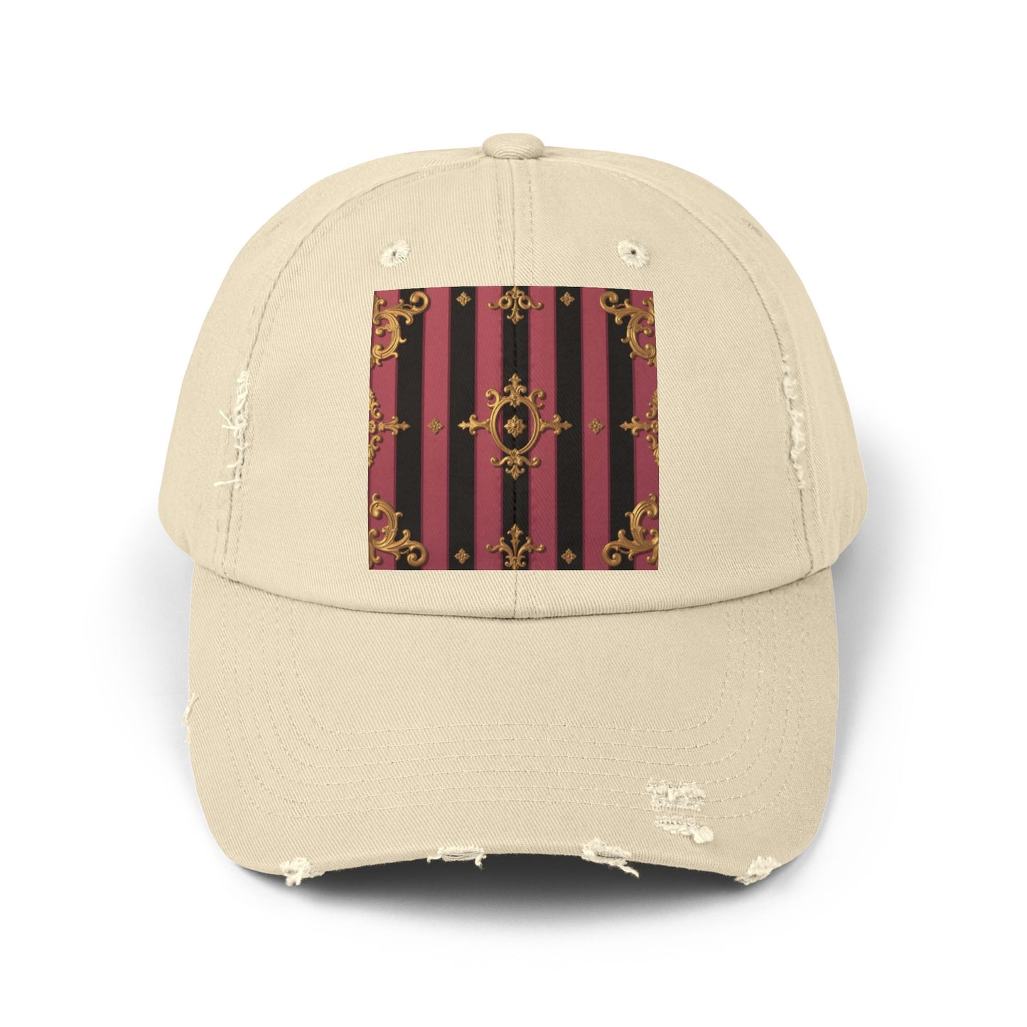 Chic Black & Mauve Striped Gold Baroque Distressed Cap, Trendy Hat, Vintage Style Cap, Gift for Him/Her, Casual Accessory