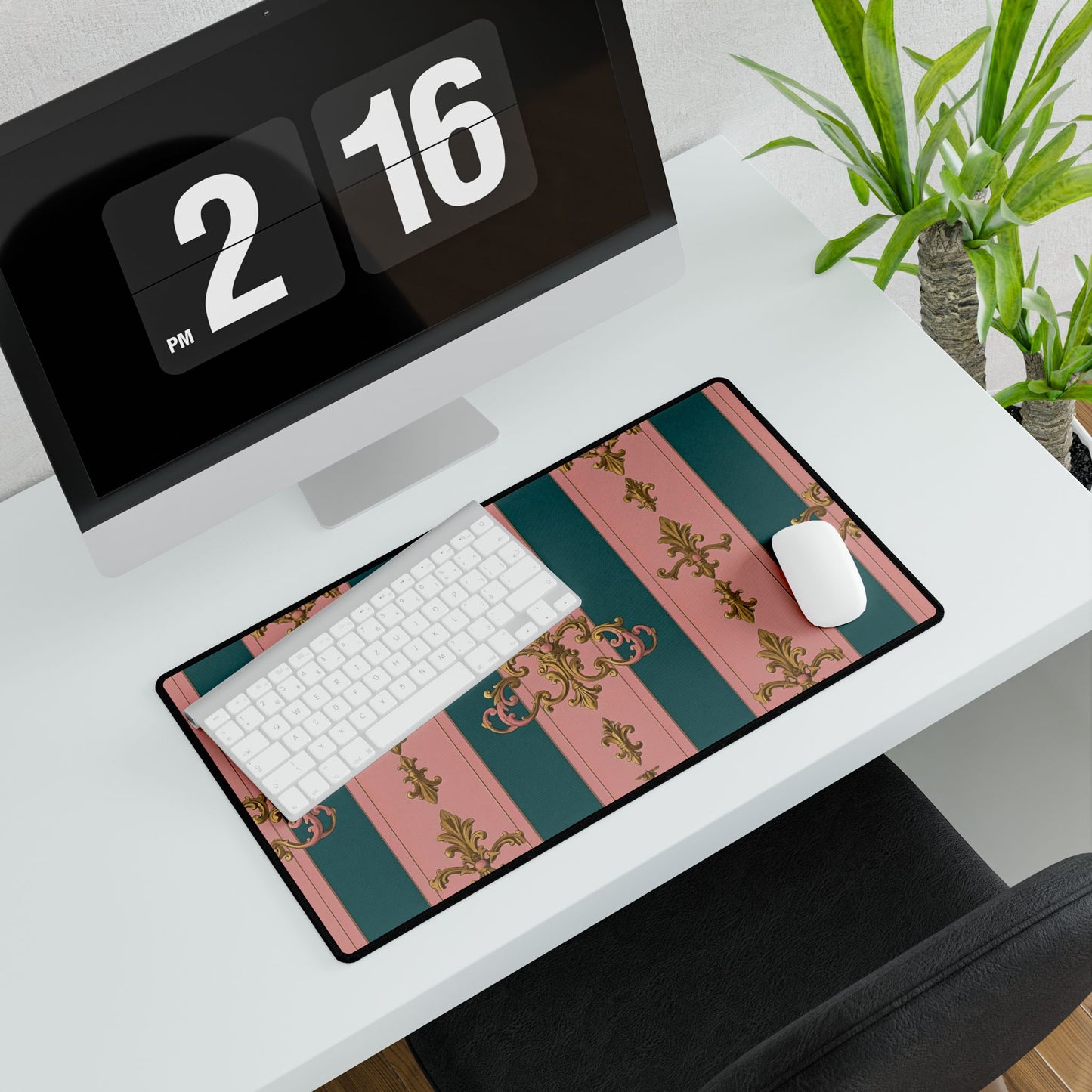 Elegant Desk Mats for Stylish Office Decor, Personalized Desk Accessories, Home Office Gifts - Pink & Teal Striped Gold Baroque
