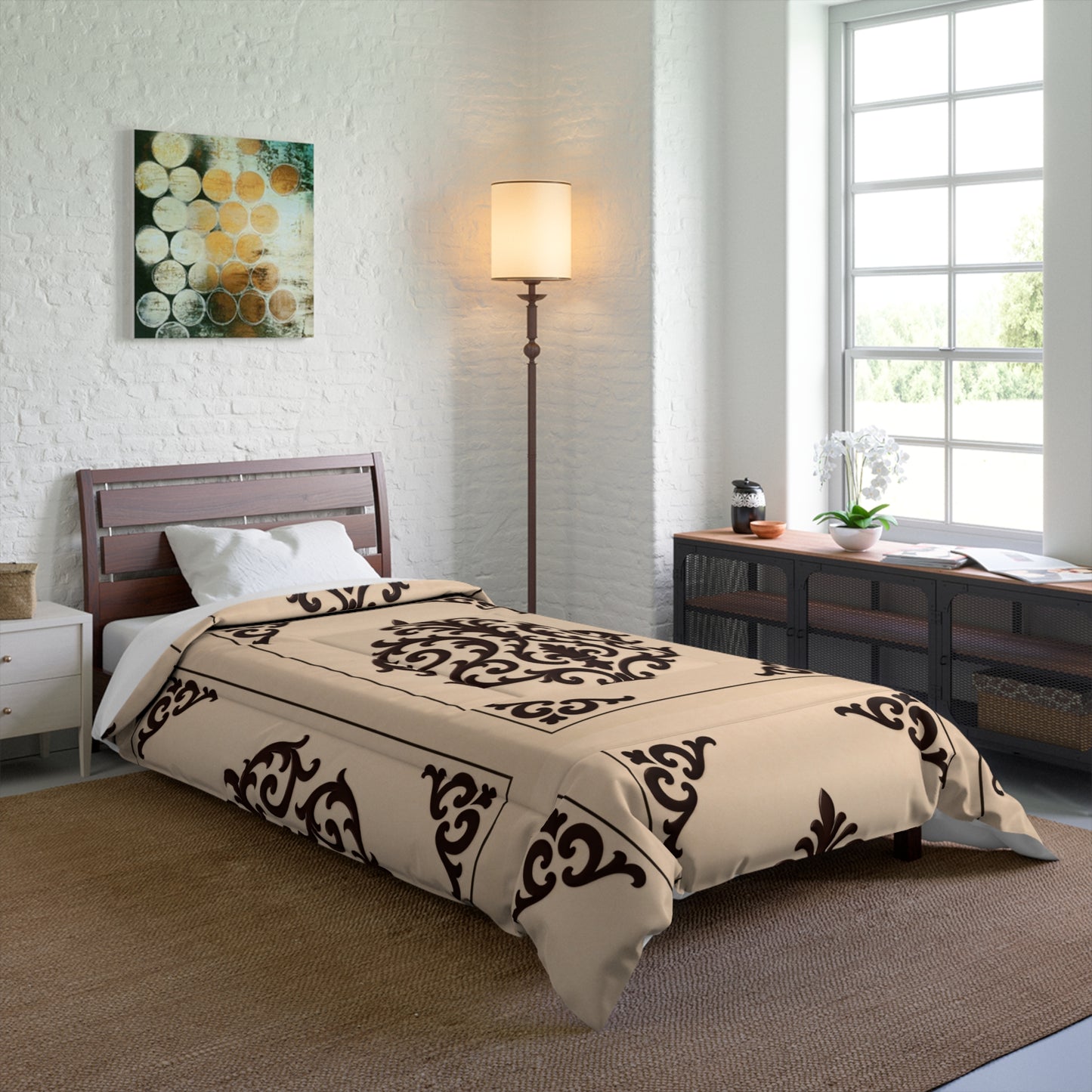 Almond-Beige & Brown Baroque Tile Comforter – Classic Beige & Espresso Decorative Bedding