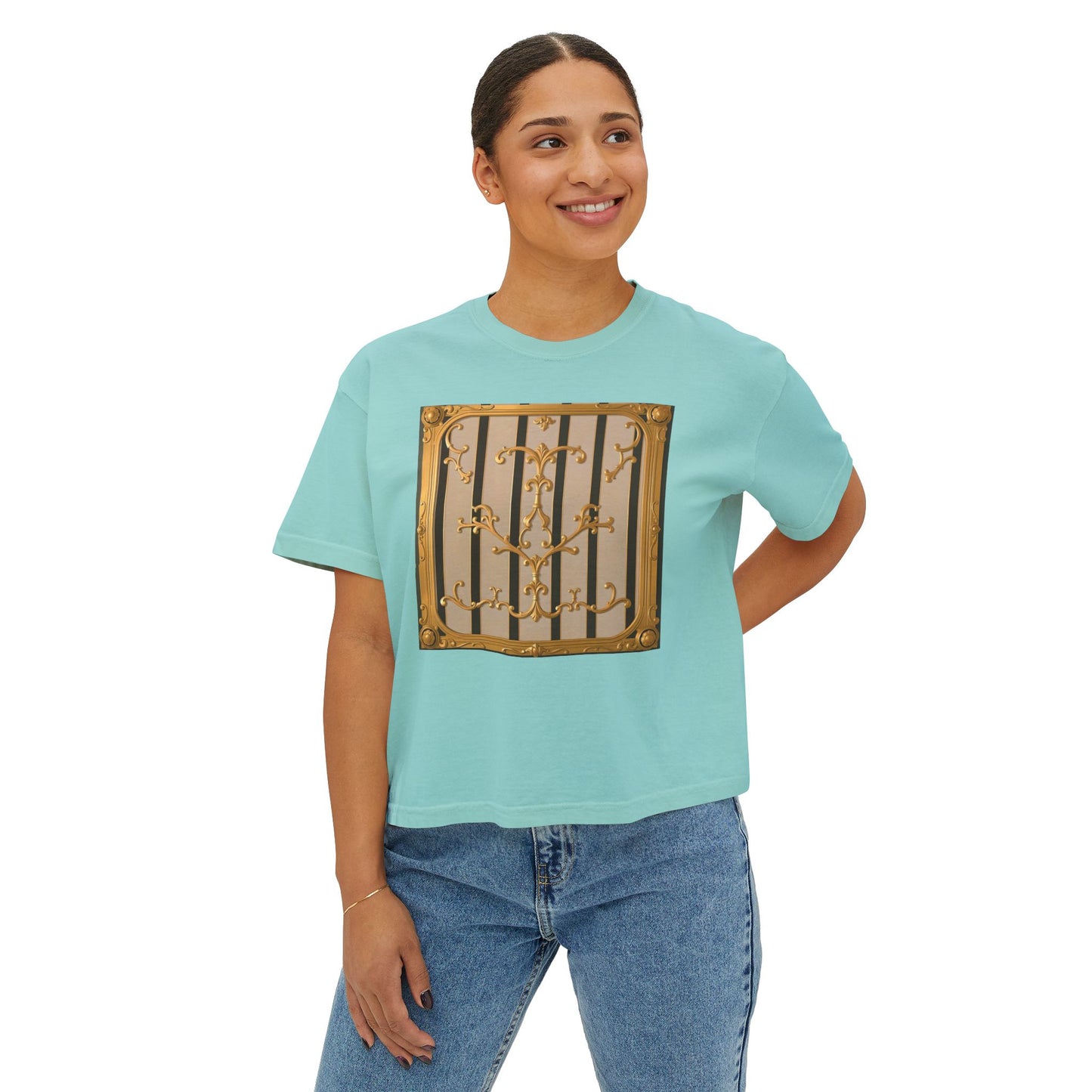 Women's Boxy Tee - Beige Striped Gold Rococo