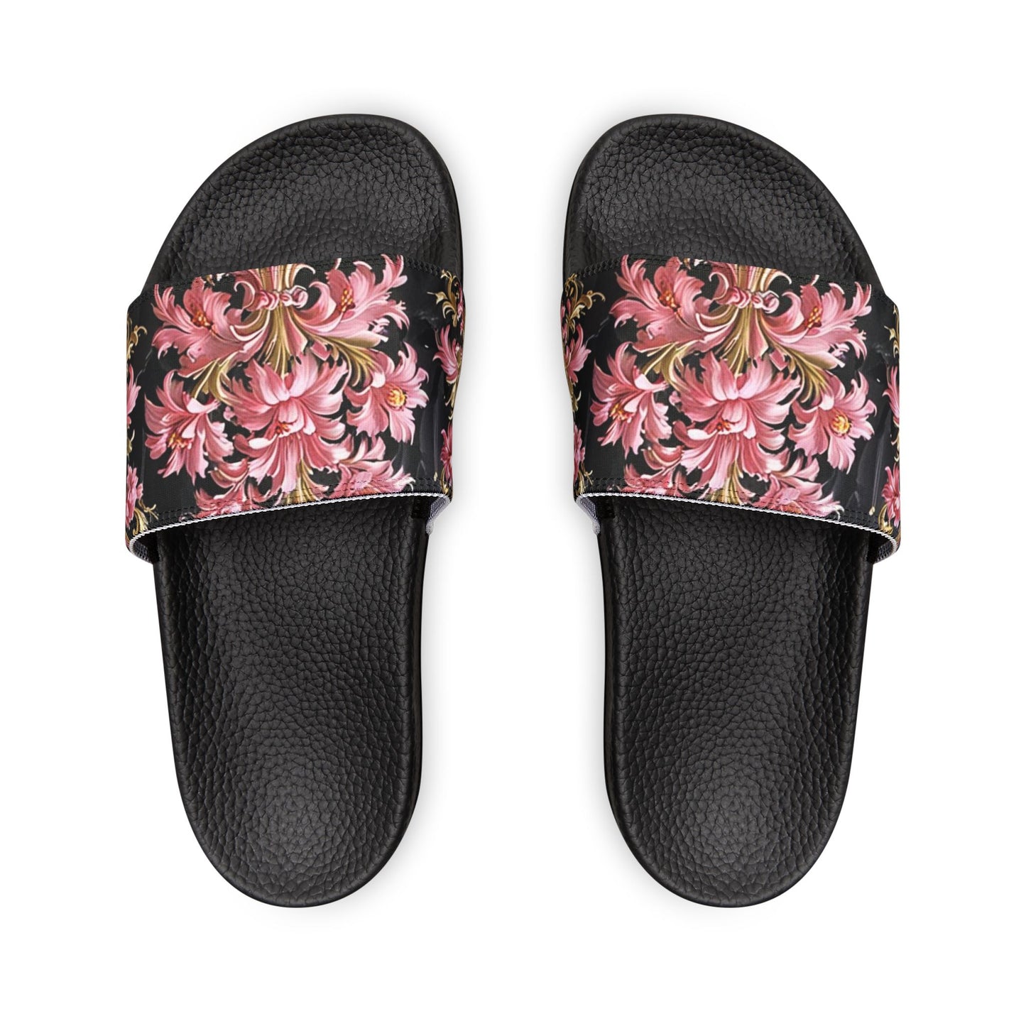 Floral Women's Sandals | Trendy Summer Footwear, Vacation Slip-Ons, Beach Sandals, Stylish Slip-Ons - Black & Pink Oil Painting Style Rococo