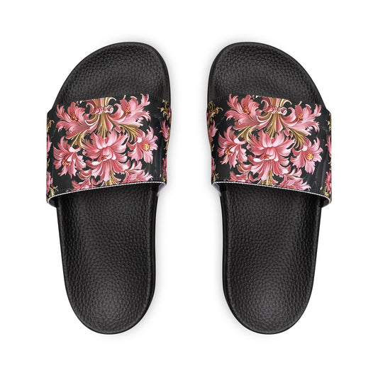 Floral Women's Sandals | Trendy Summer Footwear, Vacation Slip-Ons, Beach Sandals, Stylish Slip-Ons - Black & Pink Oil Painting Style Rococo