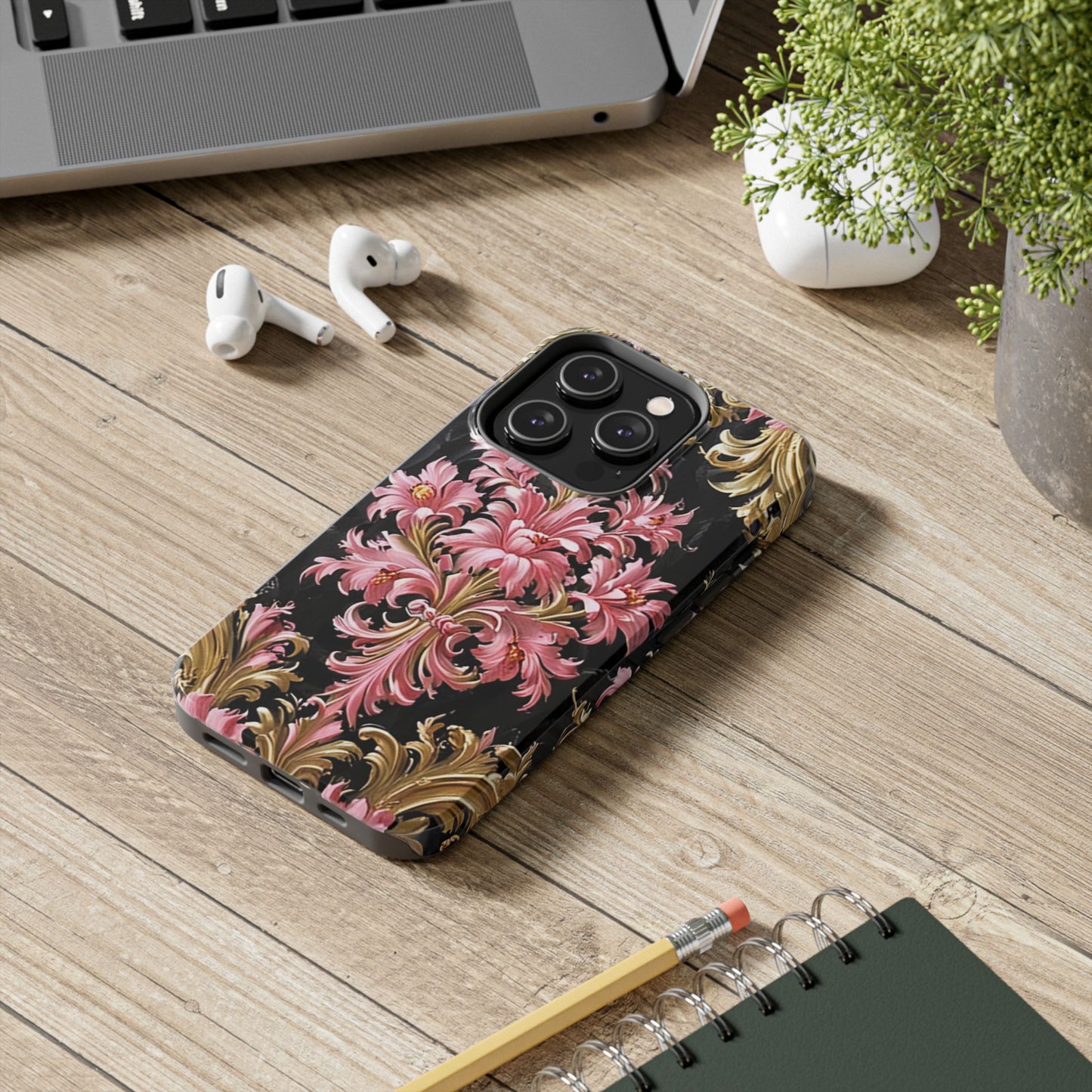 Elegant Floral Tough Phone Cases | Stylish Protection for Her | Gift for Birthdays - Black & Pink Oil Painting Style Rococo