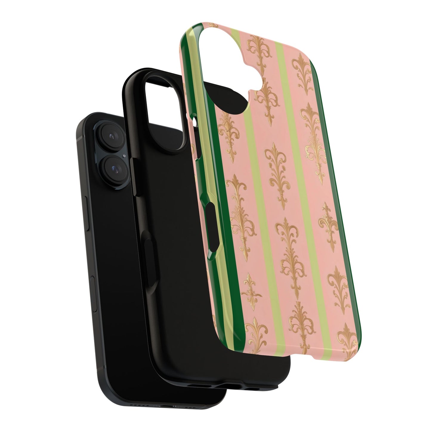 Elegant Floral Motif Phone Case - Tough Cases with Vintage Design - Lime Green & Pink Striped Damask