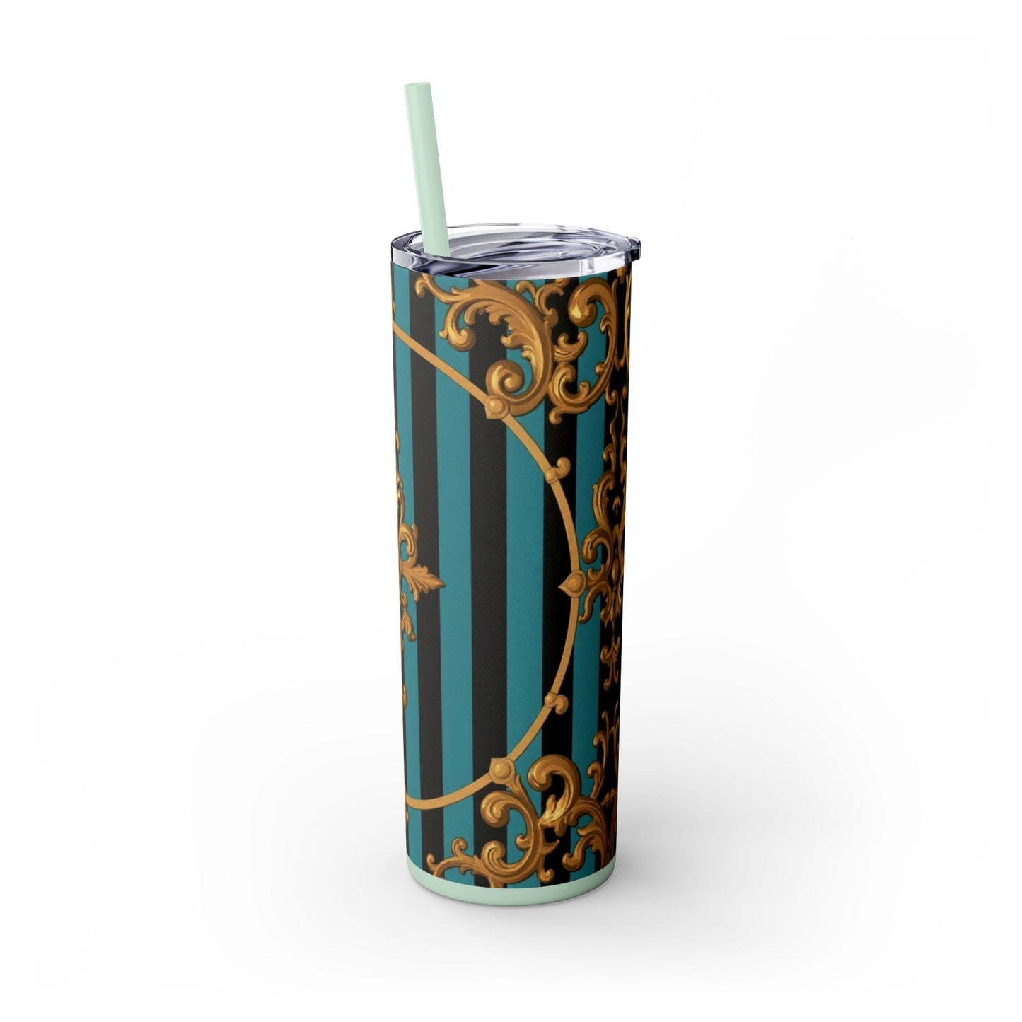 Elegant Turquoise & Black Striped Gold Baroque Skinny Tumbler with Straw, 20oz, Stylish Travel Mug, Party Favor, Birthday Gift, Drinkware