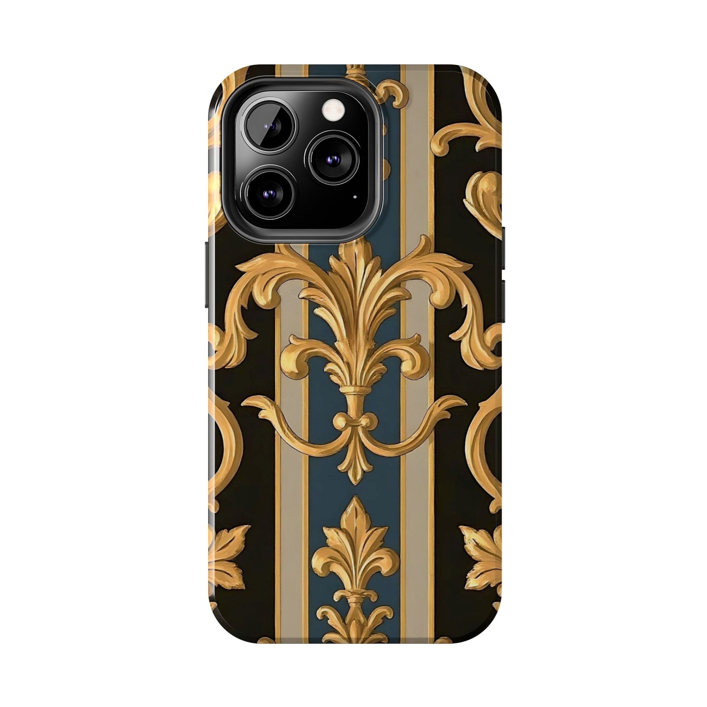 Elegant Rococo Phone Cases, Tough iPhone Case, Floral Design Case, Luxury Phone Cover - Blue & Black Striped Rococo