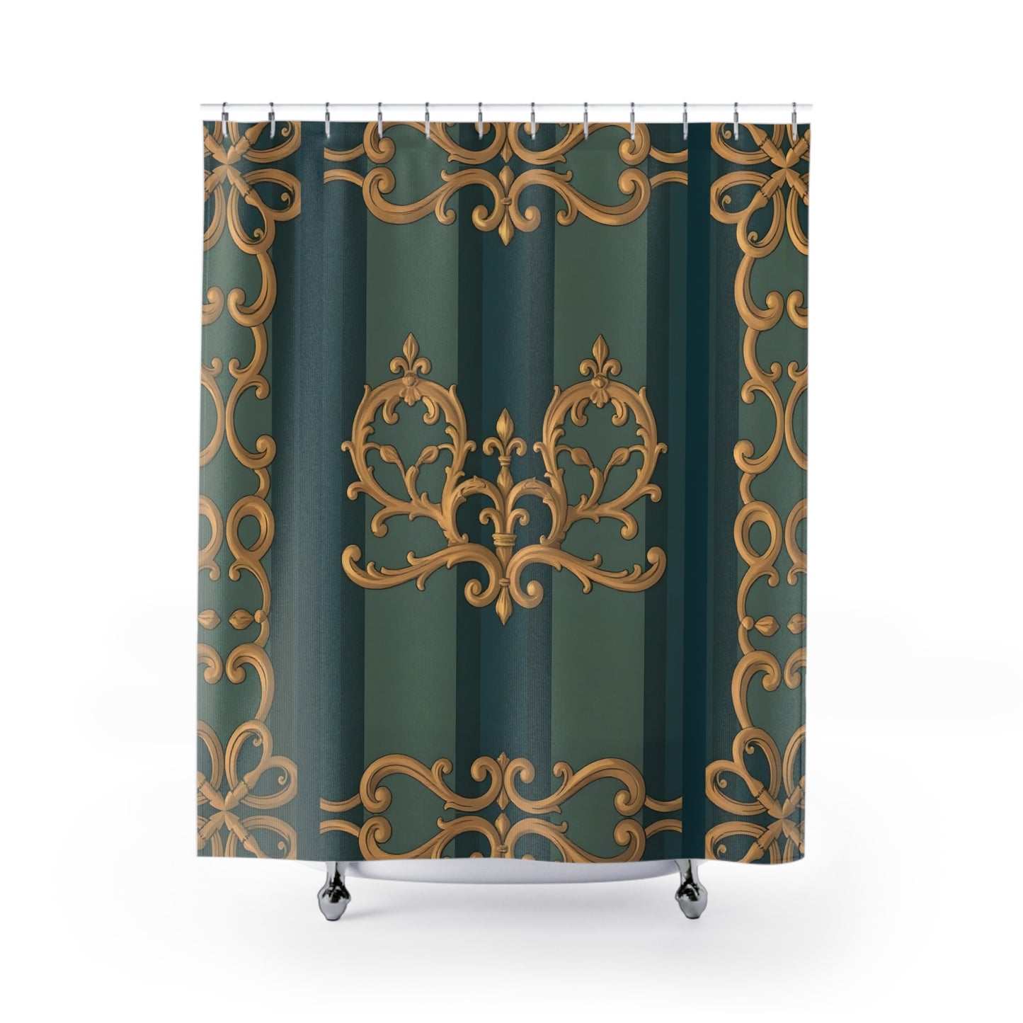 Elegant Smoky Blue & Teal Striped Baroque Shower Curtain | Luxurious Bathroom Decor