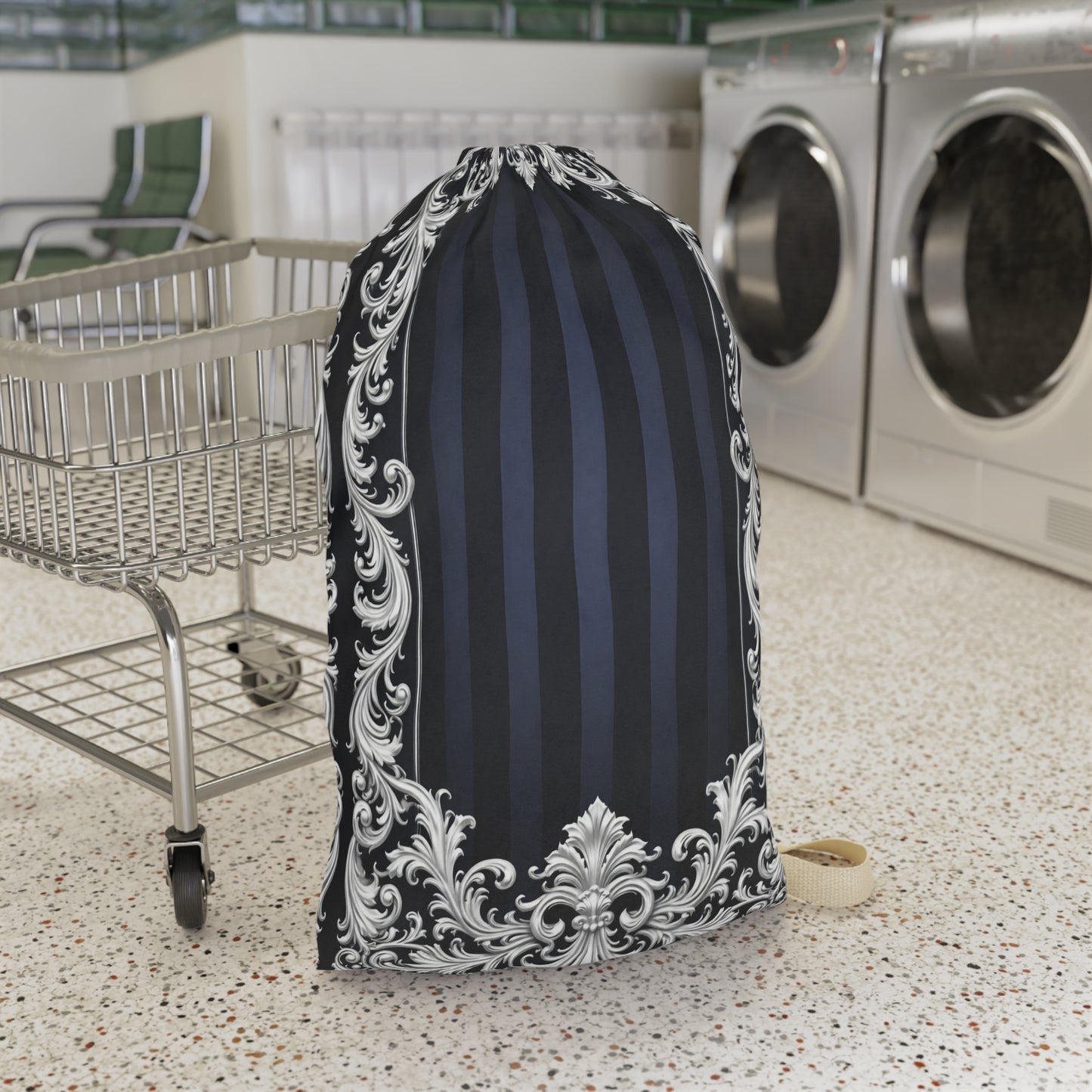 Navy Stripes & Baroque Laundry Bag — Elegant Navy Drawstring Hampers for Travel and Dorm