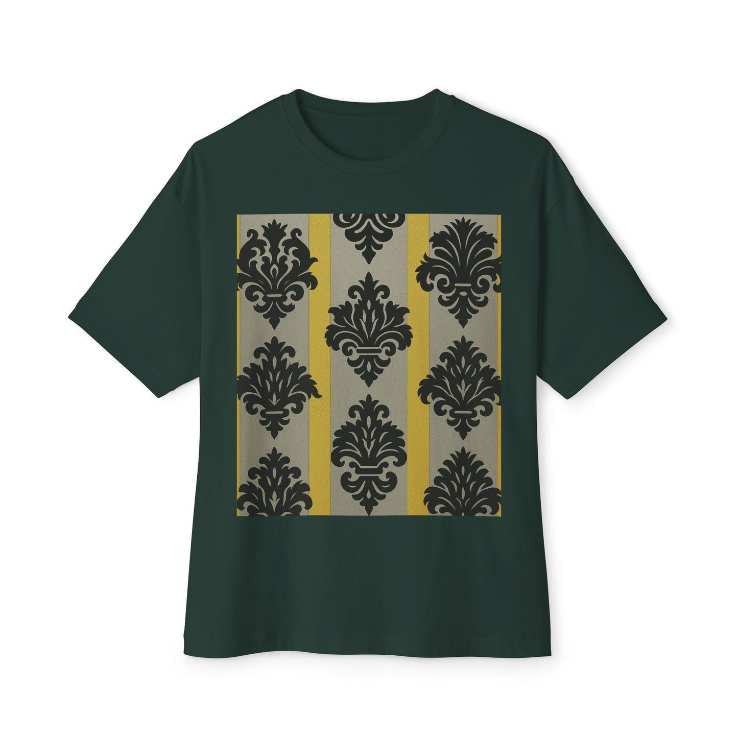 Chic Unisex Oversized Tee, Stylish Casual Wear, Statement Tee, Everyday Comfort, Fashion Gift - Silver & Gold Striped Black Baroque