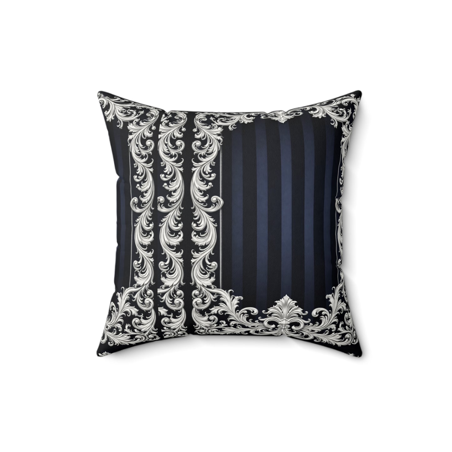 Navy Stripes & Baroque Suede Pillow — Decorative Square Throw Pillow with Ornate Silver Frame