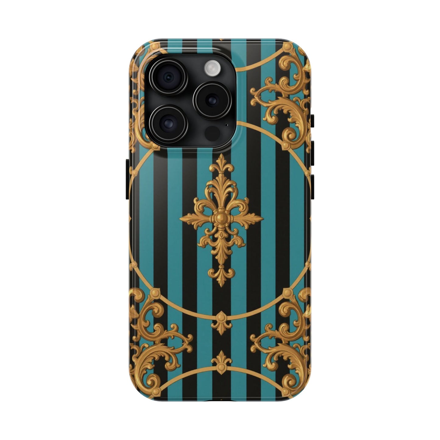 Elegant Turquoise & Black Striped Gold Baroque Phone Case, Tough Phone Cases for Fashion Lovers, Gift for Her, Luxury Accessories
