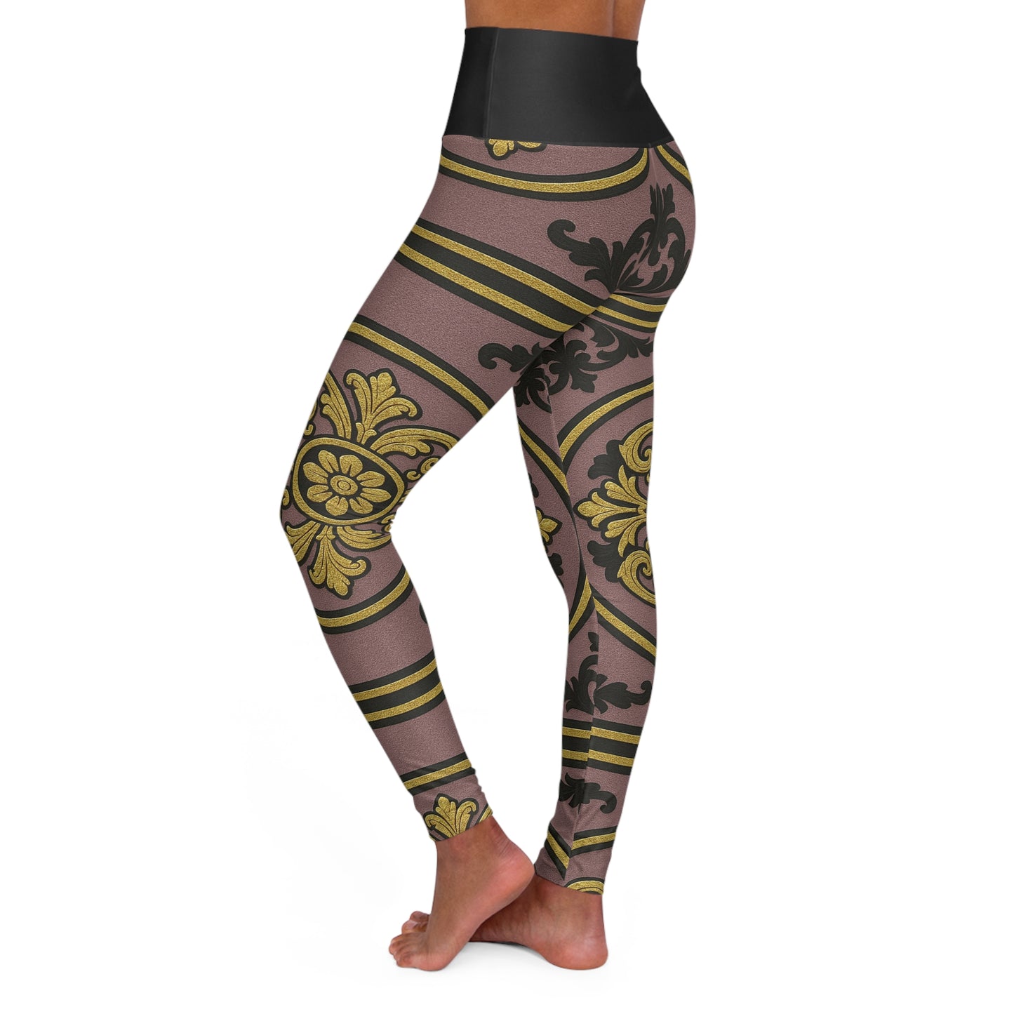 Chic Gilded Mauve With Black-Gold Baroque High Waisted Yoga Leggings, Stylish Workout Pants, Fitness Apparel, Activewear, Yoga & Pilates Fashion