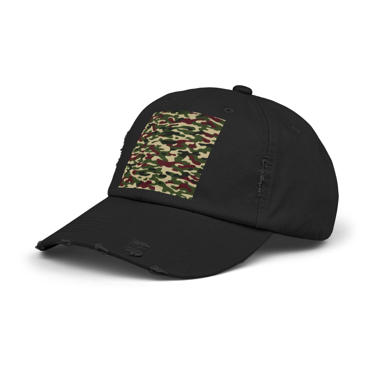 Camo Distressed Cap | Unisex Fashion Hat, Trendy Outdoor Accessory, Gift for Him/Her, Casual Wear, Sports Cap - Army Green & Burgundy Camo