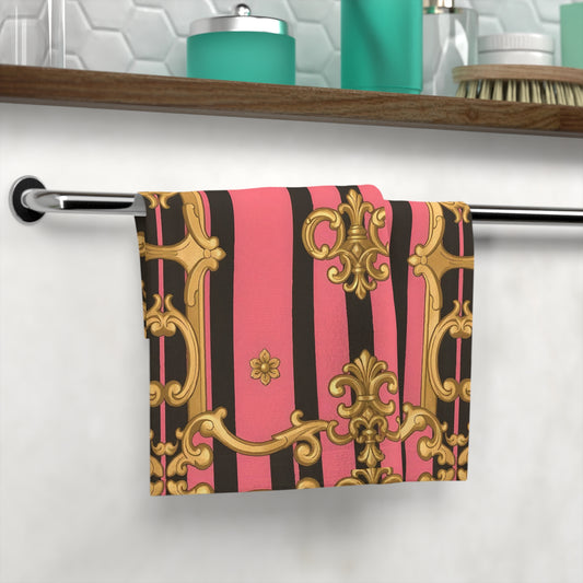 Elegant Vintage Stripe Face Towel - Chic Bathroom Decor, Gift for Her, Hostess Gift, Spa Day Essential - Pink & Black Striped Gold Baroque
